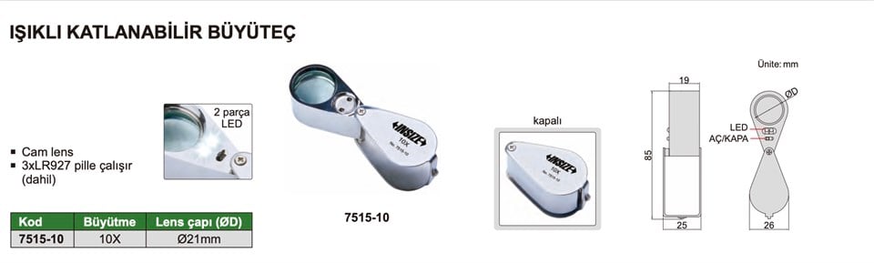 Insize 7515-10 Işıklı Katlanabilir Büyüteç (10X)
