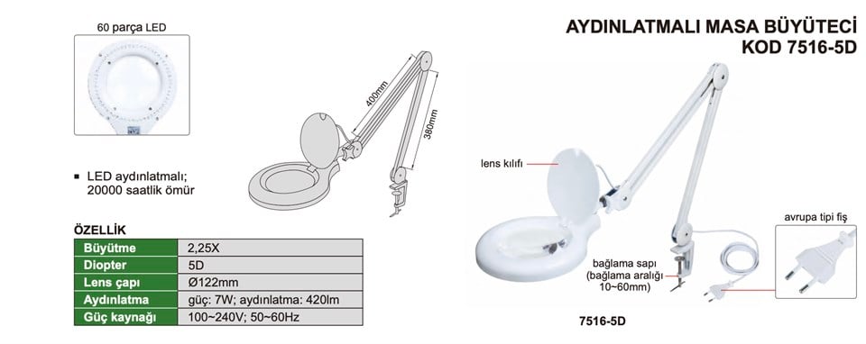 Insize 7516-5D Aydınlatmalı Masa Büyüteci