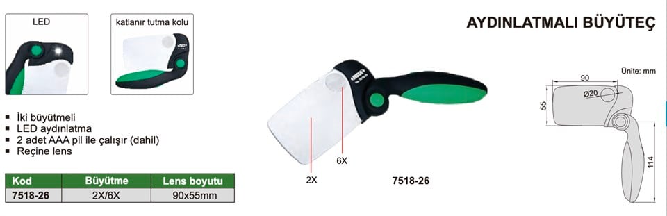 Insize 7518-26 Aydınlatmalı Büyüteç (2X/6X)