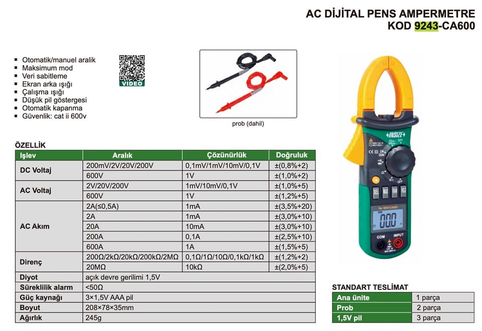 Insize 9243-CA600 Dijital Pens Ampermetre