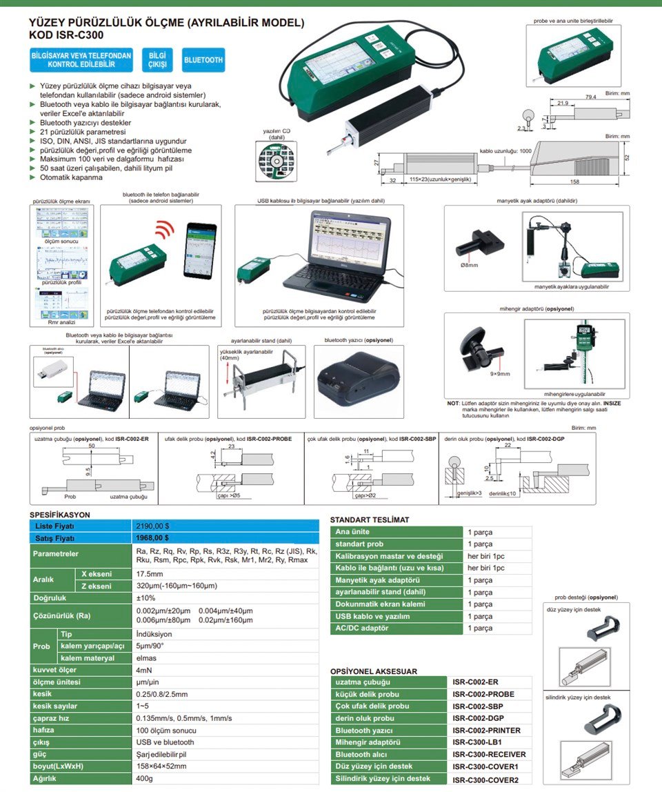 Insize ISR-C300 Yüzey Pürüzlülük Ölçme (Ayarlanabilir Model)