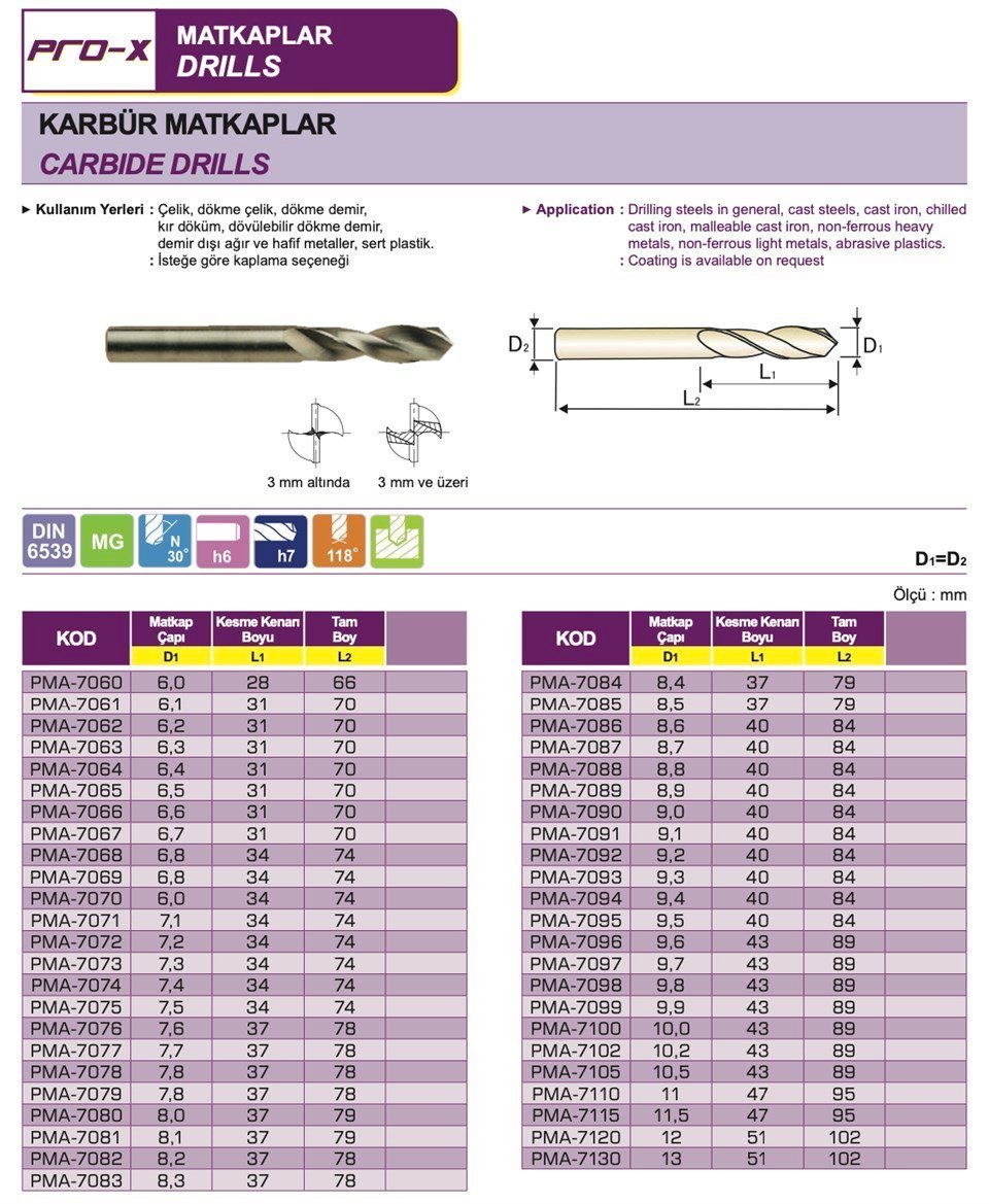 Pro-X PMA-7060 Karbür Matkap Ucu Ø6.0 mm (Çap)