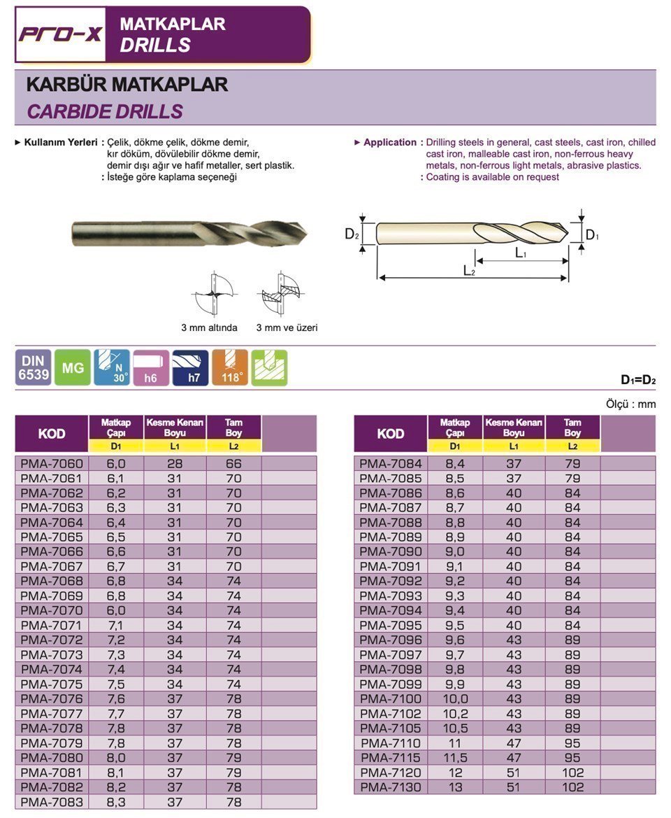 Pro-X PMA-7060 Karbür Matkap Ucu Ø6.0 mm (Çap)