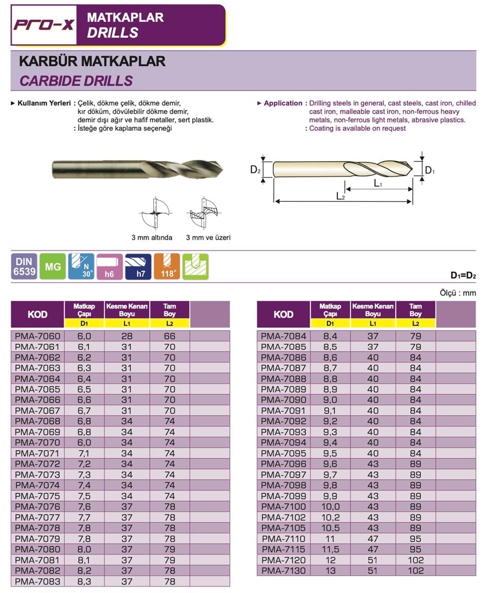 Pro-X PMA-7060 Karbür Matkap Ucu Ø6.0 mm (Çap)