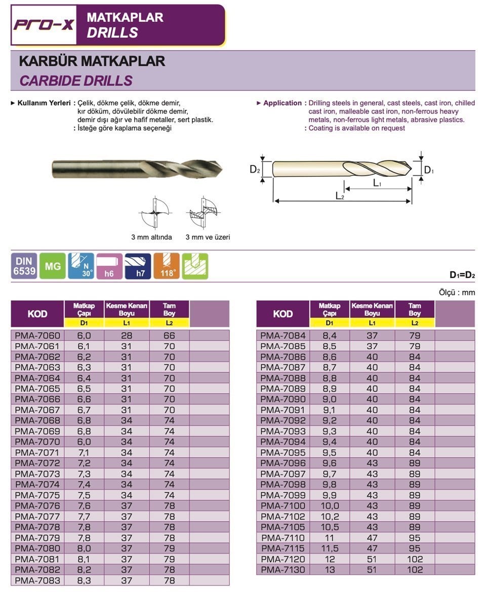 Pro-X PMA-7060 Karbür Matkap Ucu Ø6.0 mm (Çap)