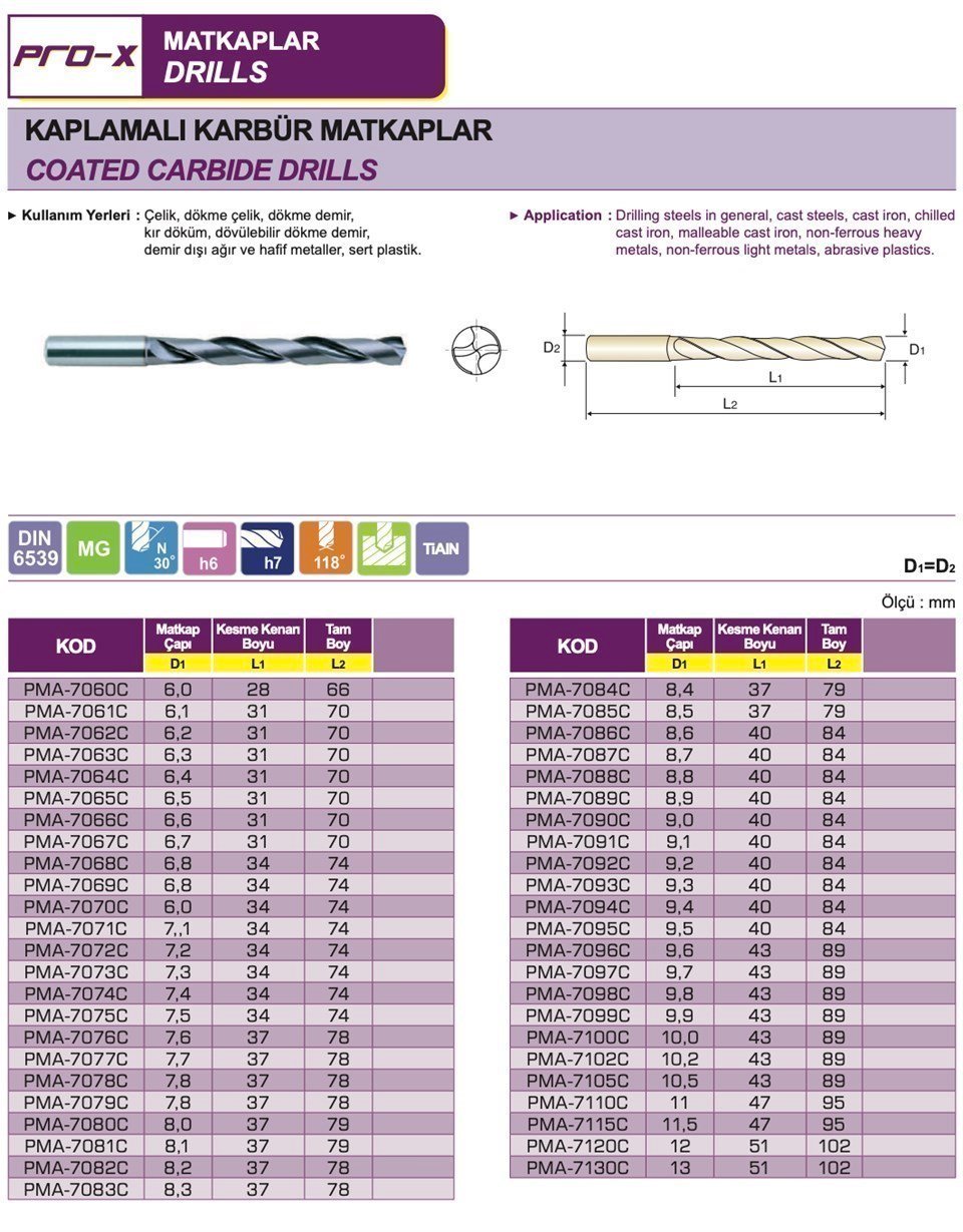 Pro-X PMA-7060C Kaplamalı Karbür Matkap Ucu Ø6.0 mm (Çap)