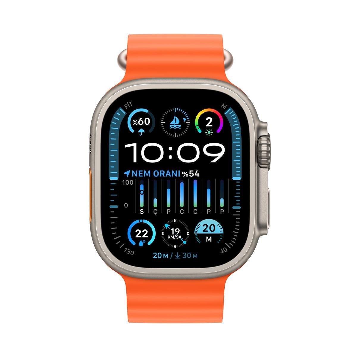 Apple Watch Ultra 2 GPS + Cellular 49mm Titanyum Kasa ve Turuncu Ocean Kordon - MREH3TU/A