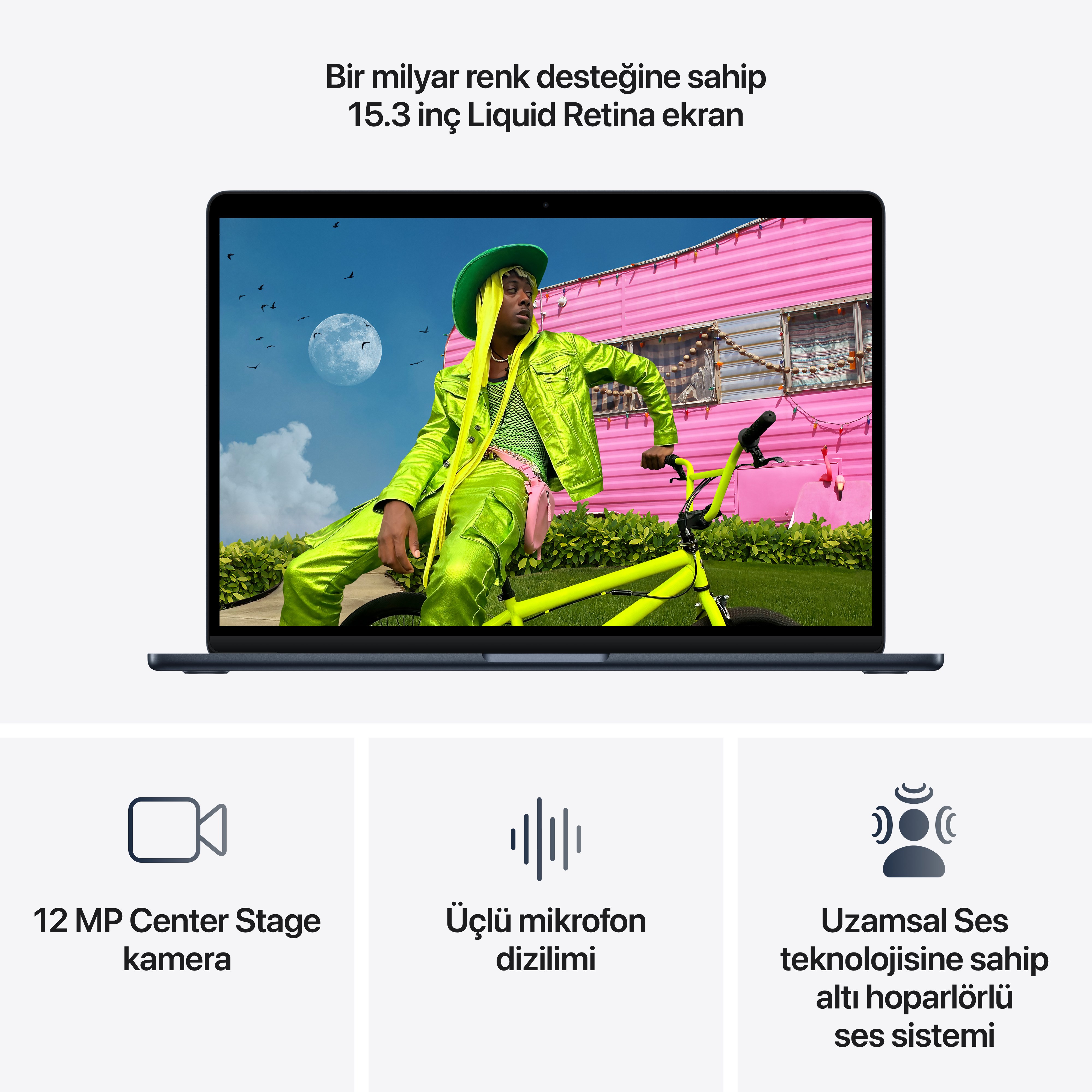 MacBook Air 15'' 10-Core CPU 10-Core GPU Apple M5 / 16GB / 512GB SSD / Gece Yarısı MDVH4TU/A