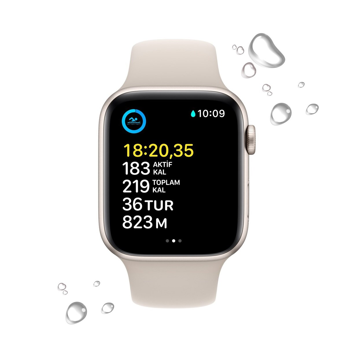 Apple Watch SE GPS 44mm Yıldız Işığı Alüminyum Kasa ve Yıldız Işığı Spor Kordon MNJX3TU/A