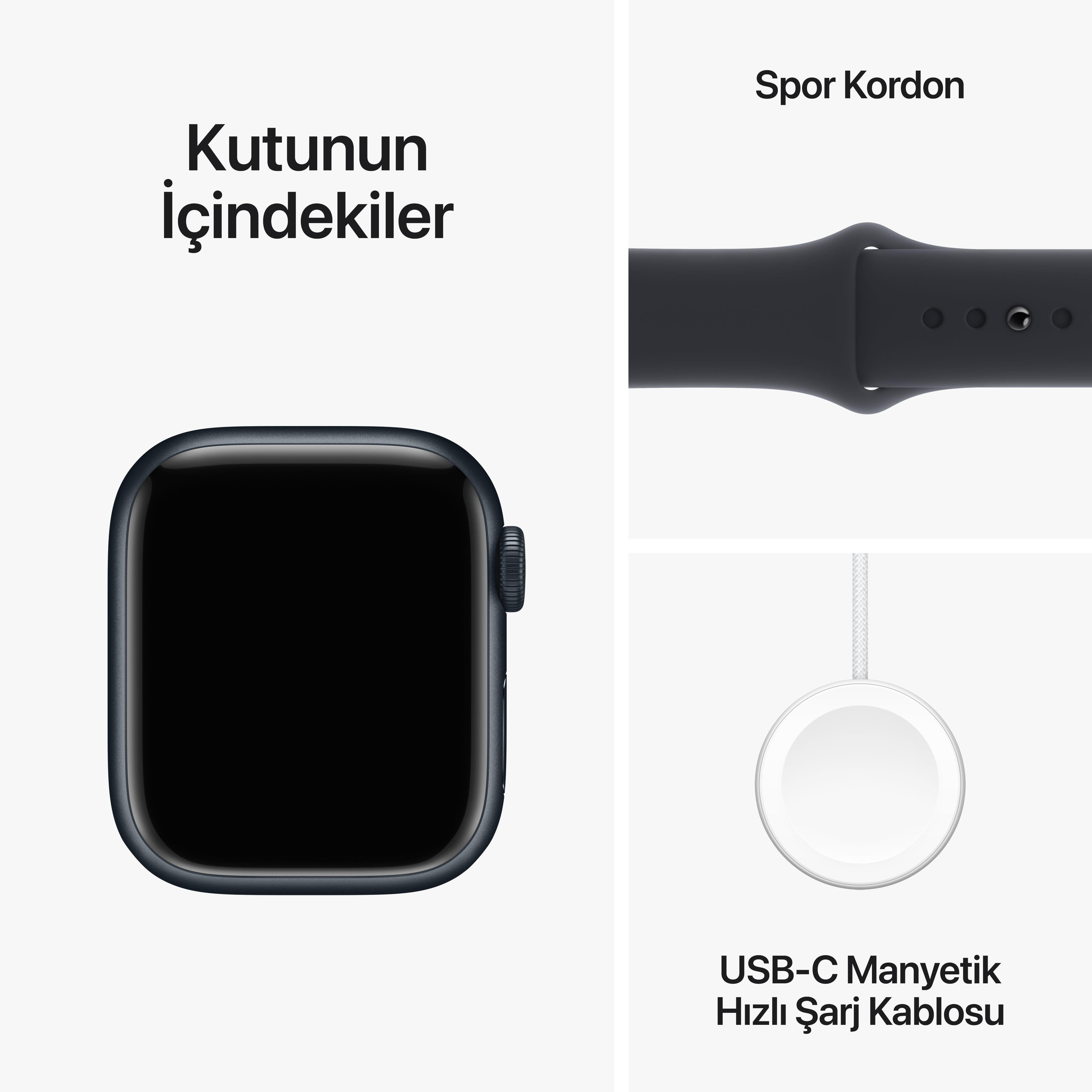 Apple Watch Series 9 GPS 41mm Gece Yarısı Alüminyum Kasa Beyaz Spor Kordon (S-M) - MR8W3TU/A