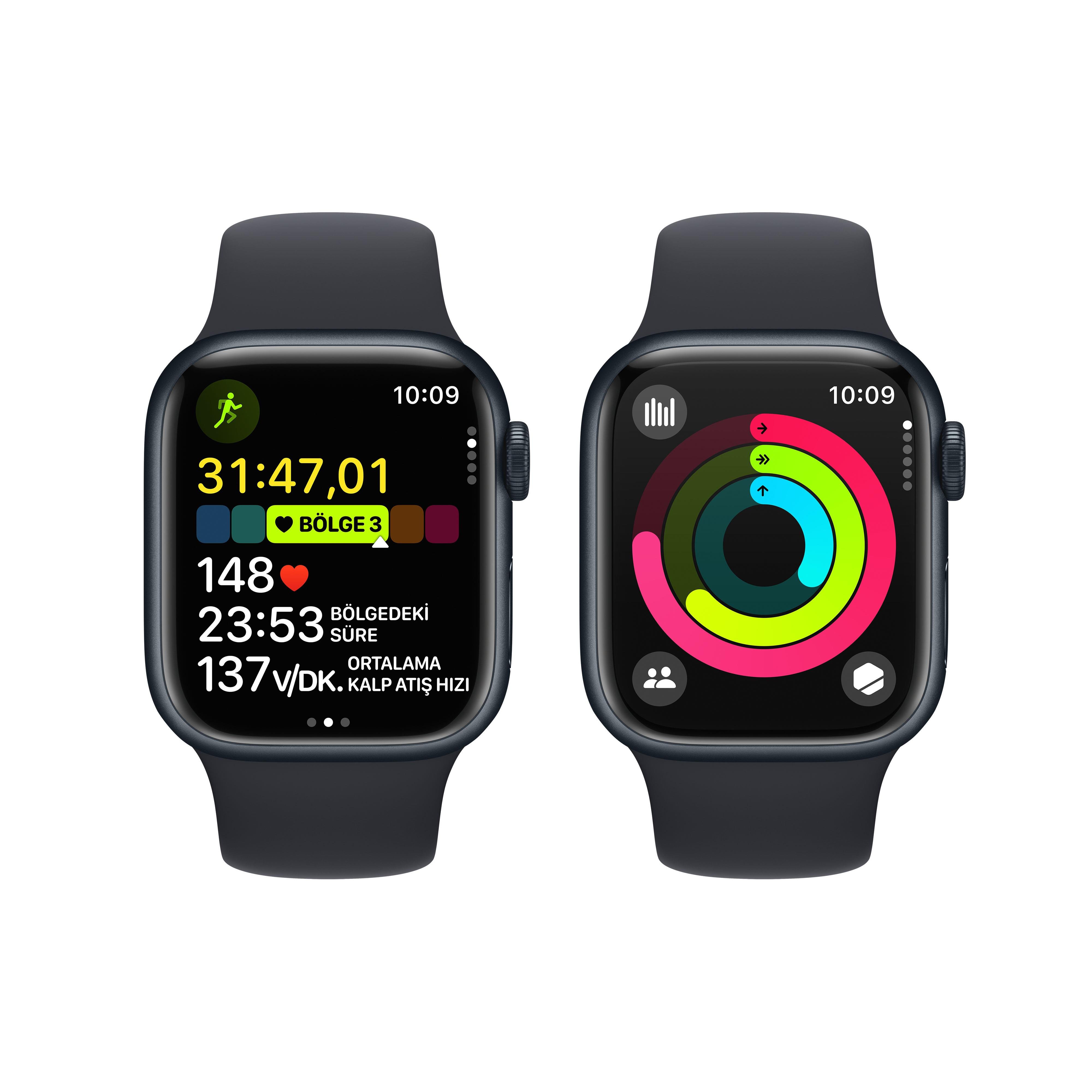 Apple Watch Series 9 GPS 41mm Gece Yarısı Alüminyum Kasa Beyaz Spor Kordon (S-M) - MR8W3TU/A