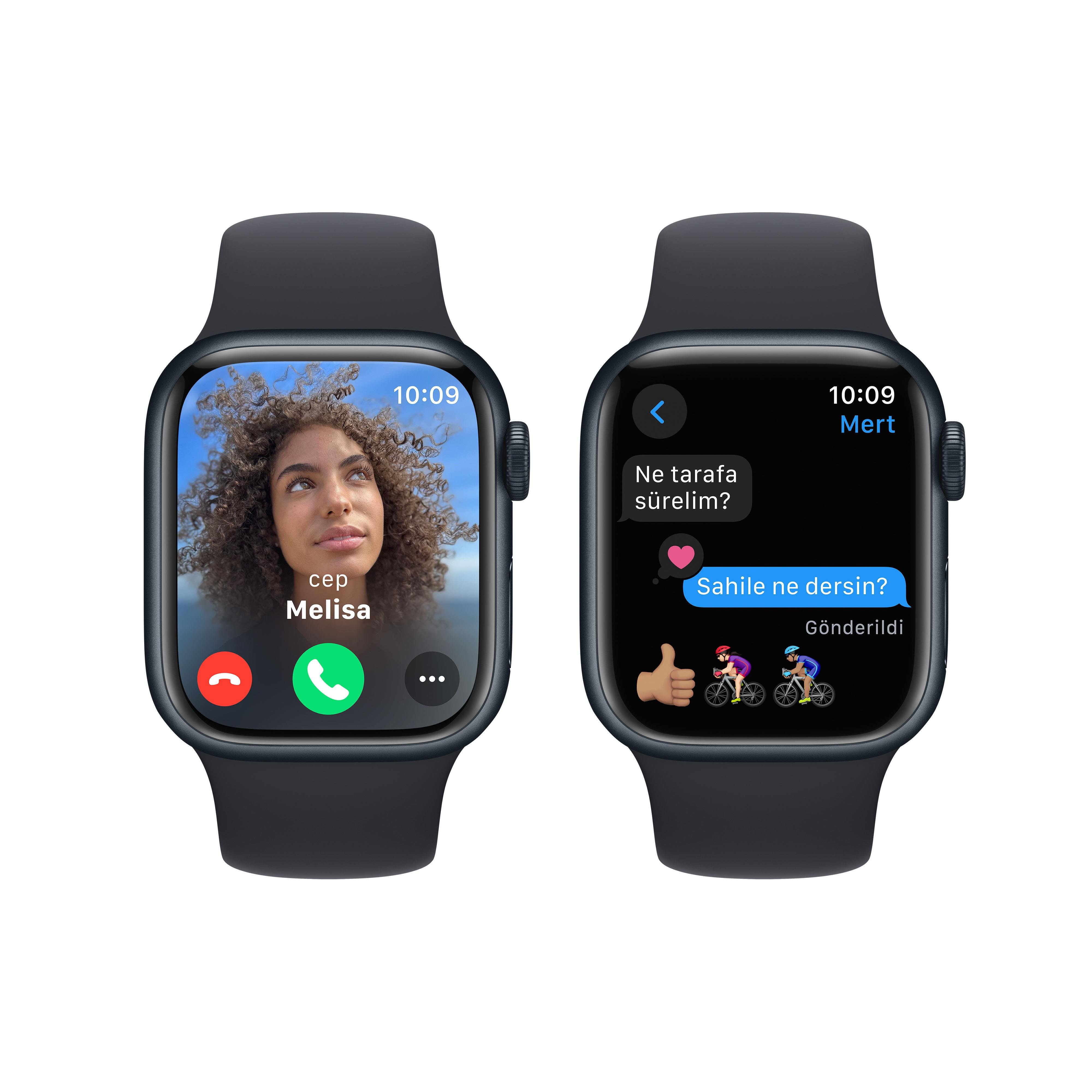 Apple Watch Series 9 GPS 41mm Gece Yarısı Alüminyum Kasa Beyaz Spor Kordon (S-M) - MR8W3TU/A