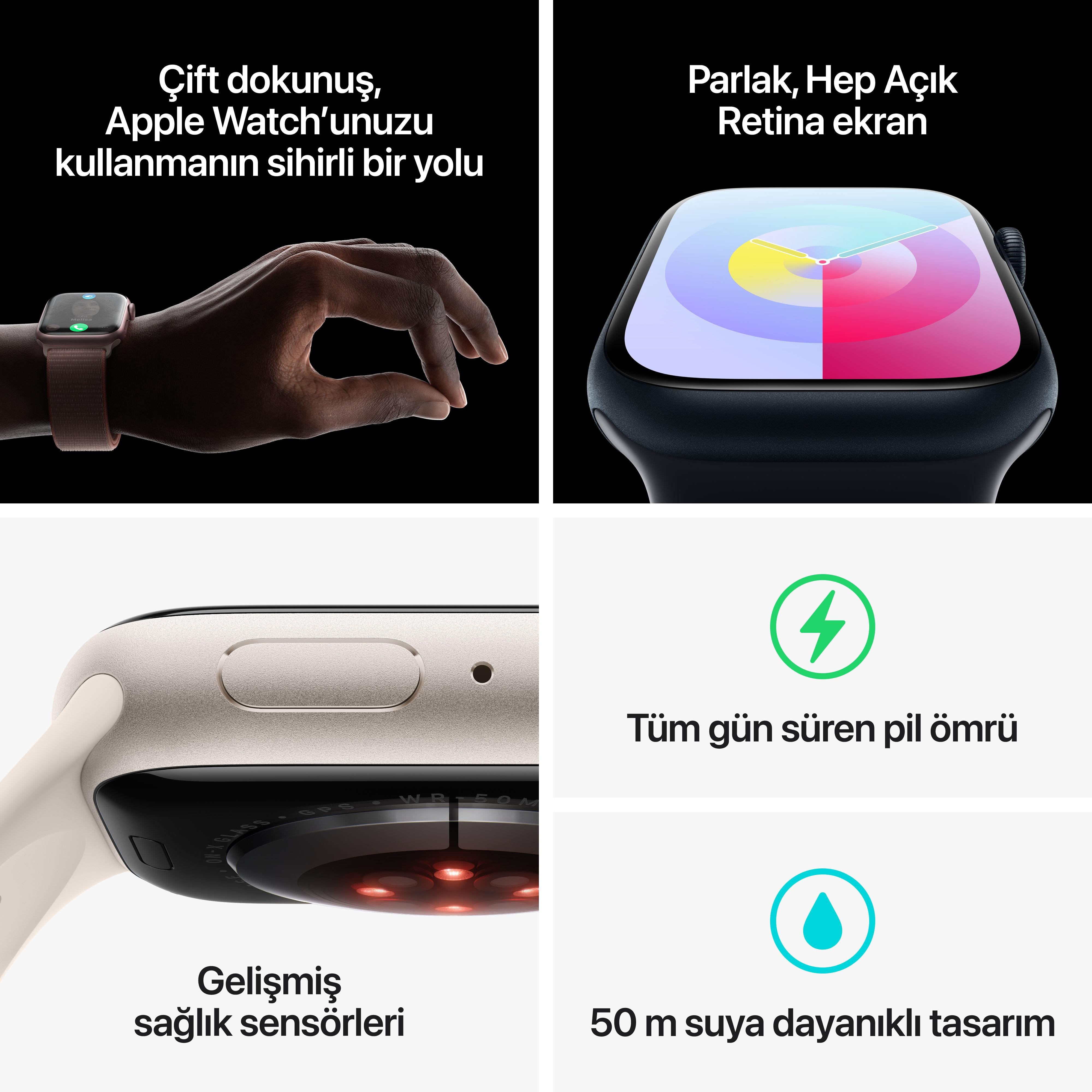 Apple Watch Series 9 GPS 45mm Gece Yarısı Alüminyum Kasa Gece Yarısı Spor Kordon (S-M) - MR993TU/A
