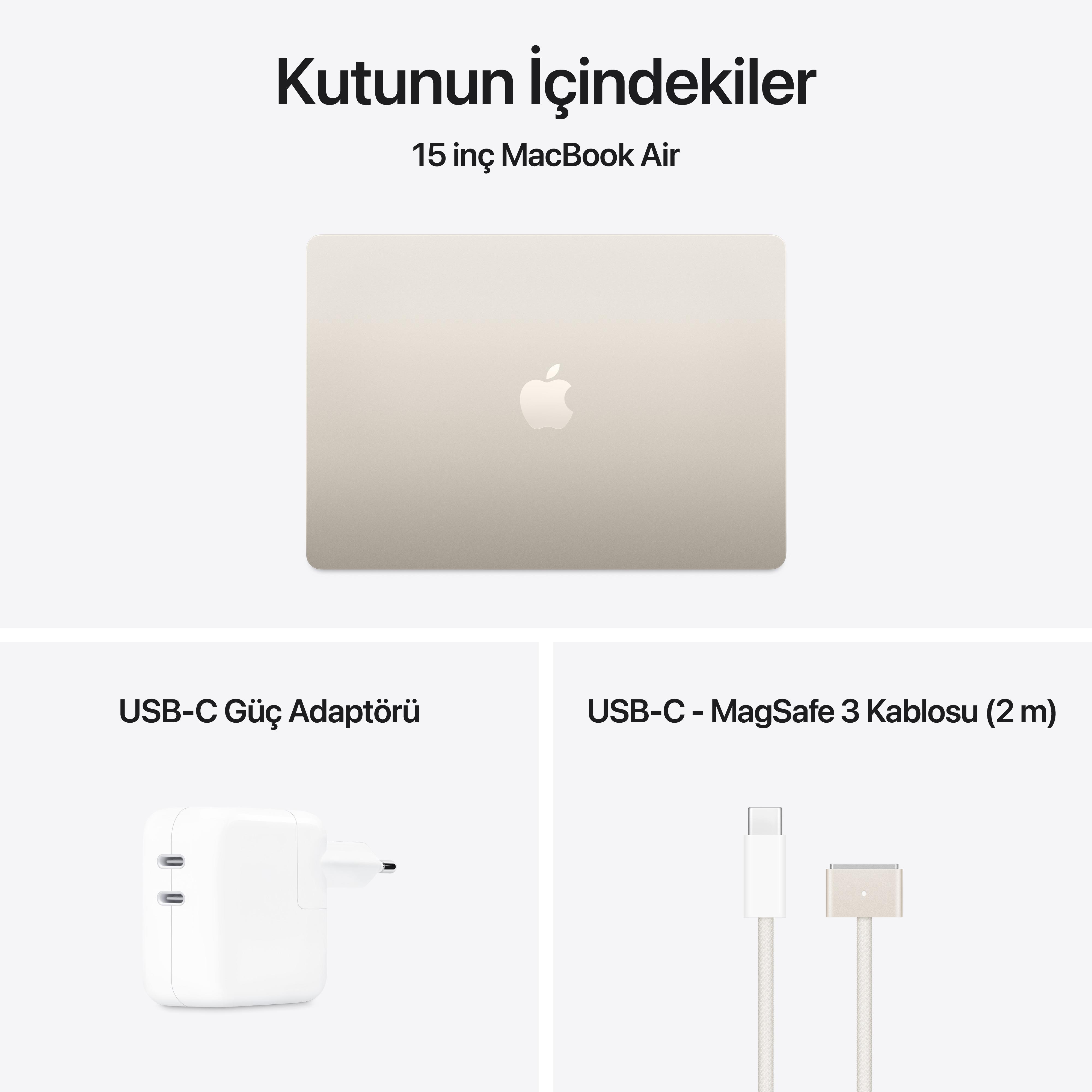 MacBook Air 15'' 10-Core CPU 8-Core GPU Apple M4 / 16GB / 256GB SSD / Gece Yarısı MacBook Air 13'' 10-Core CPU 8-Core GPU Apple M4 / 16GB / 256GB SSD / Yıldız Işığı MW1J3TU/A