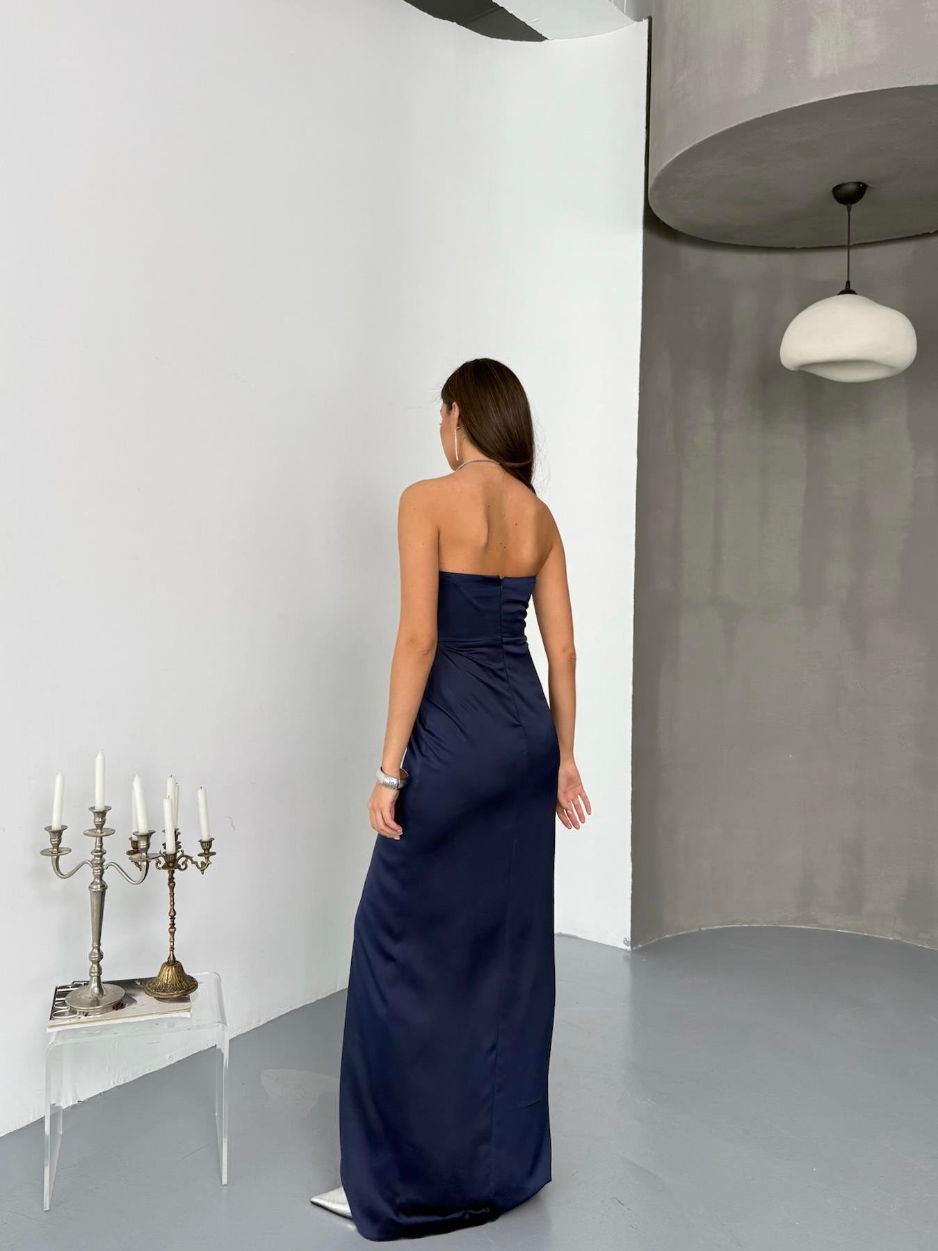 Bel Düğümlü Zara Saten Straplez Abiye Elbise - Lacivert