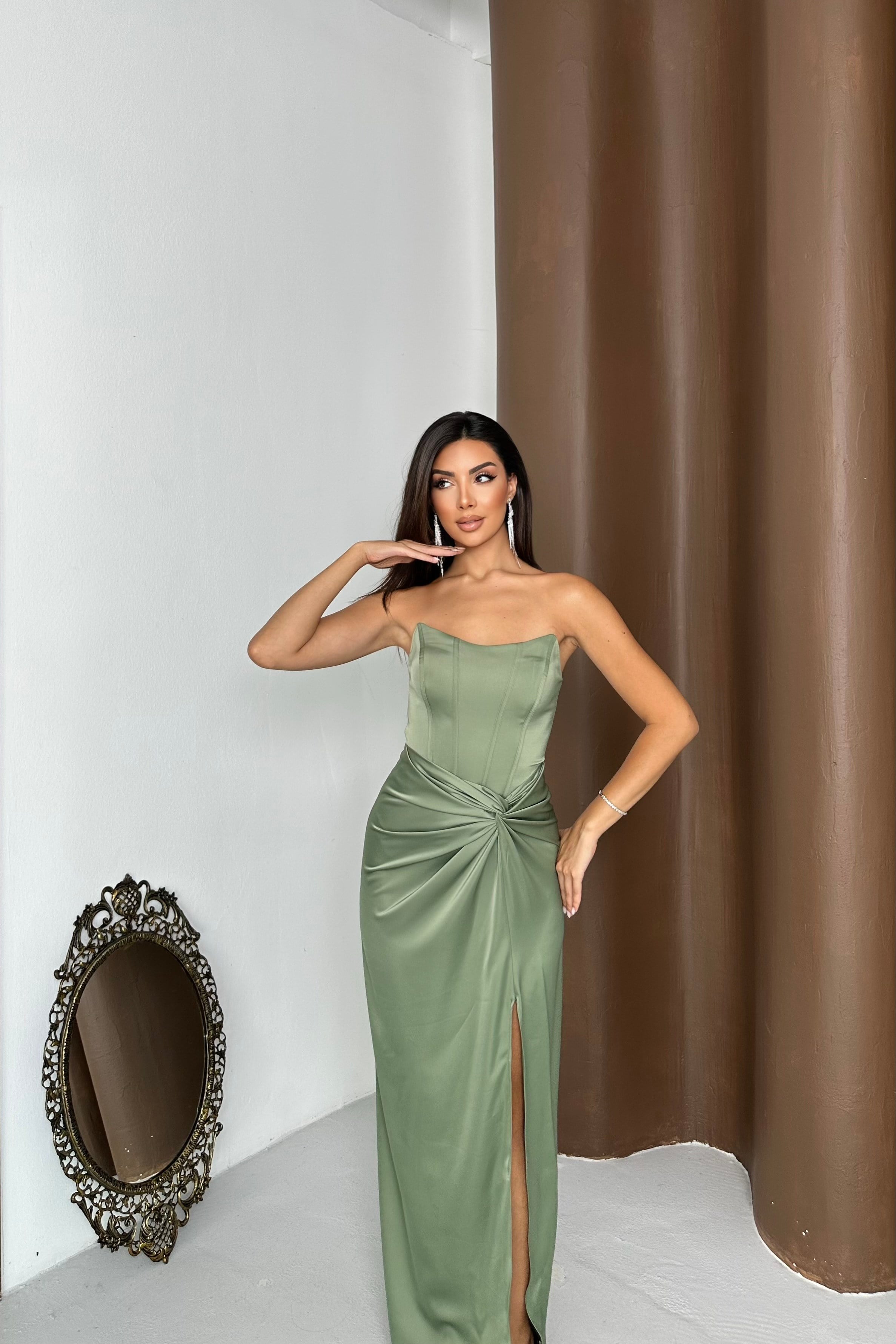 Bel Düğümlü Zara Saten Straplez Abiye Elbise - Mint Yeşili