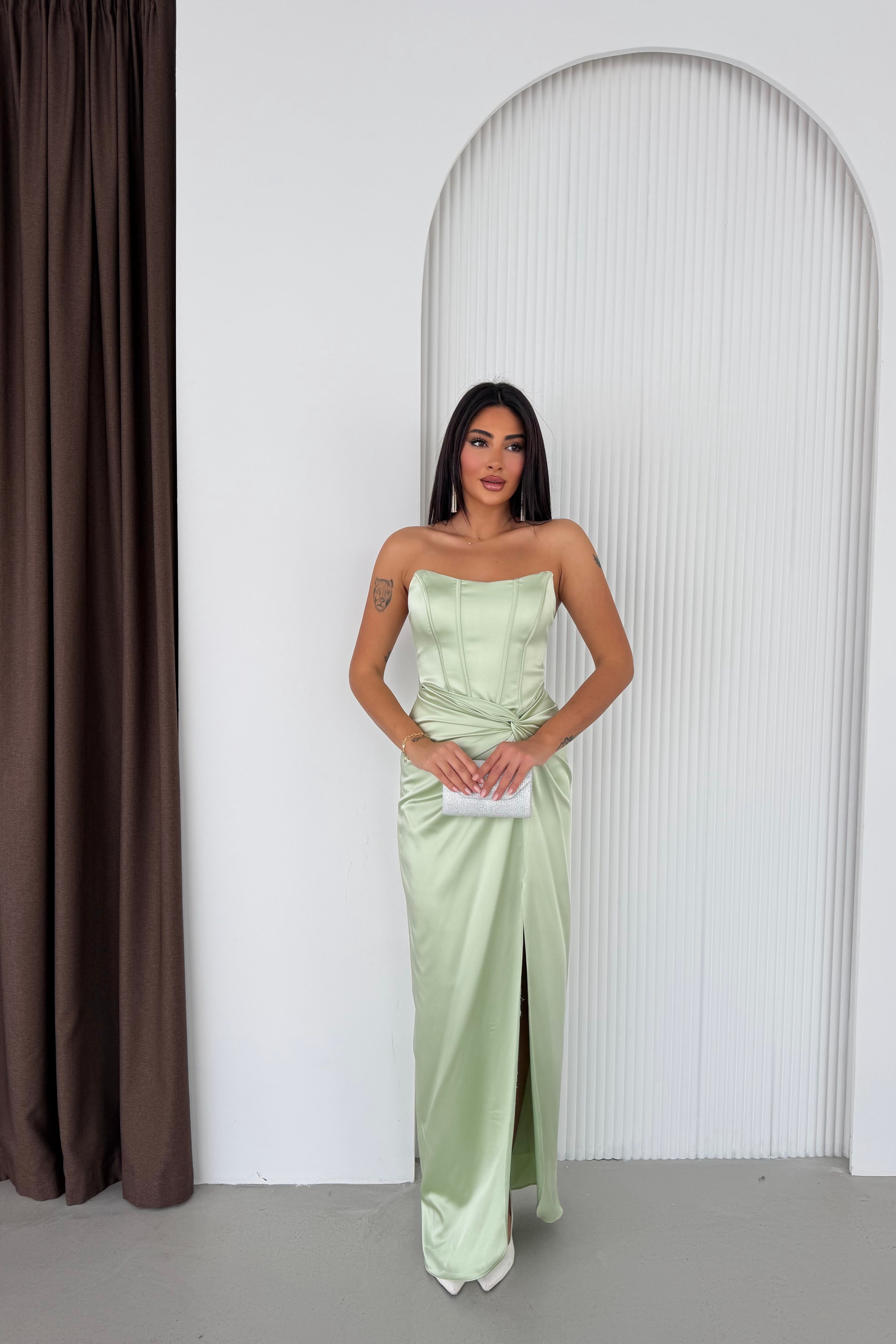 Bel Düğümlü Zara Saten Straplez Abiye Elbise - Fıstık Yeşili