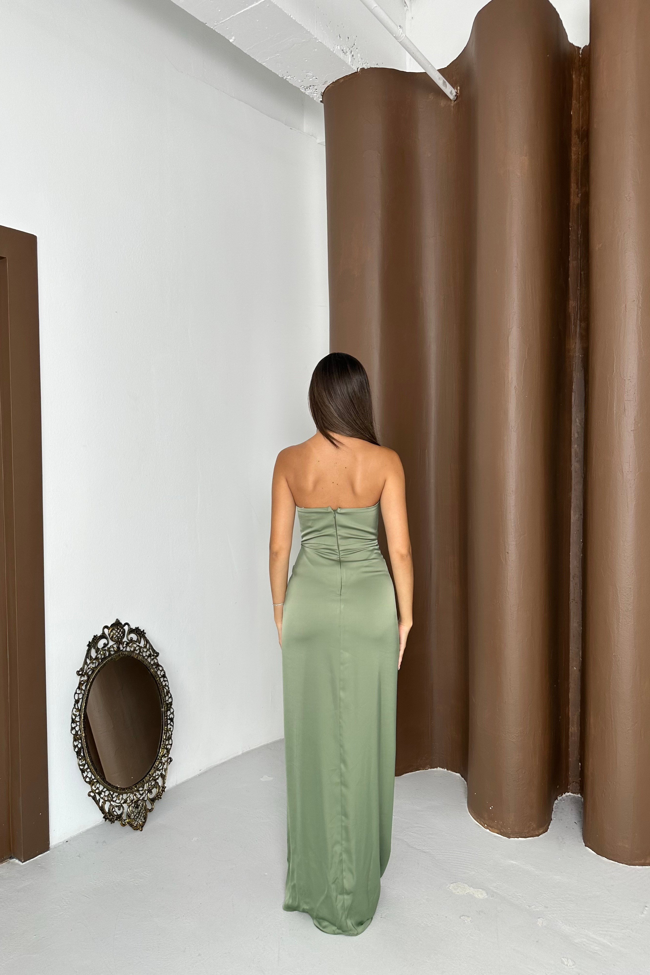 Bel Düğümlü Zara Saten Straplez Abiye Elbise - Mint Yeşili