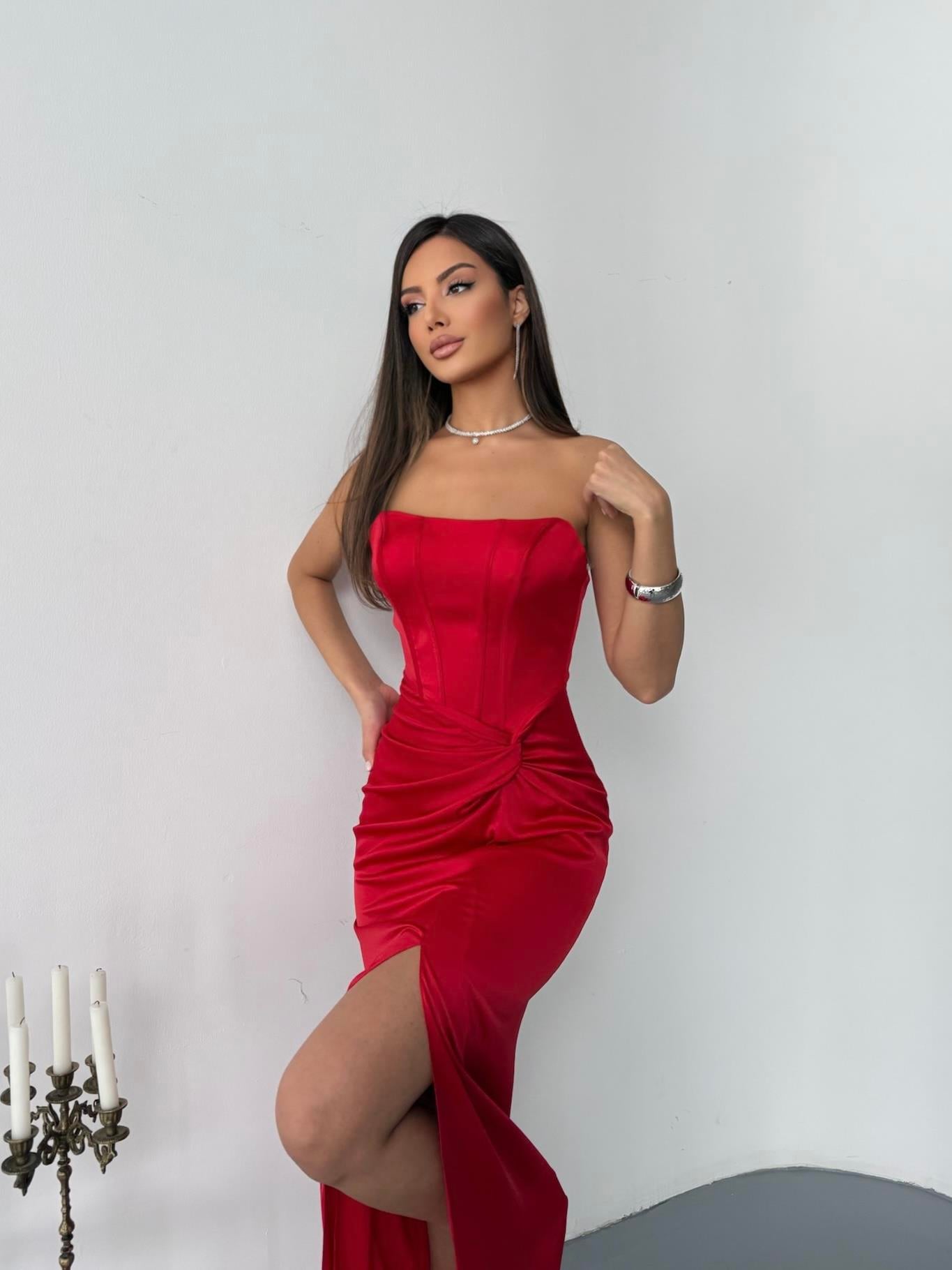 Bel Düğümlü Zara Saten Straplez Abiye Elbise - Kırmızı