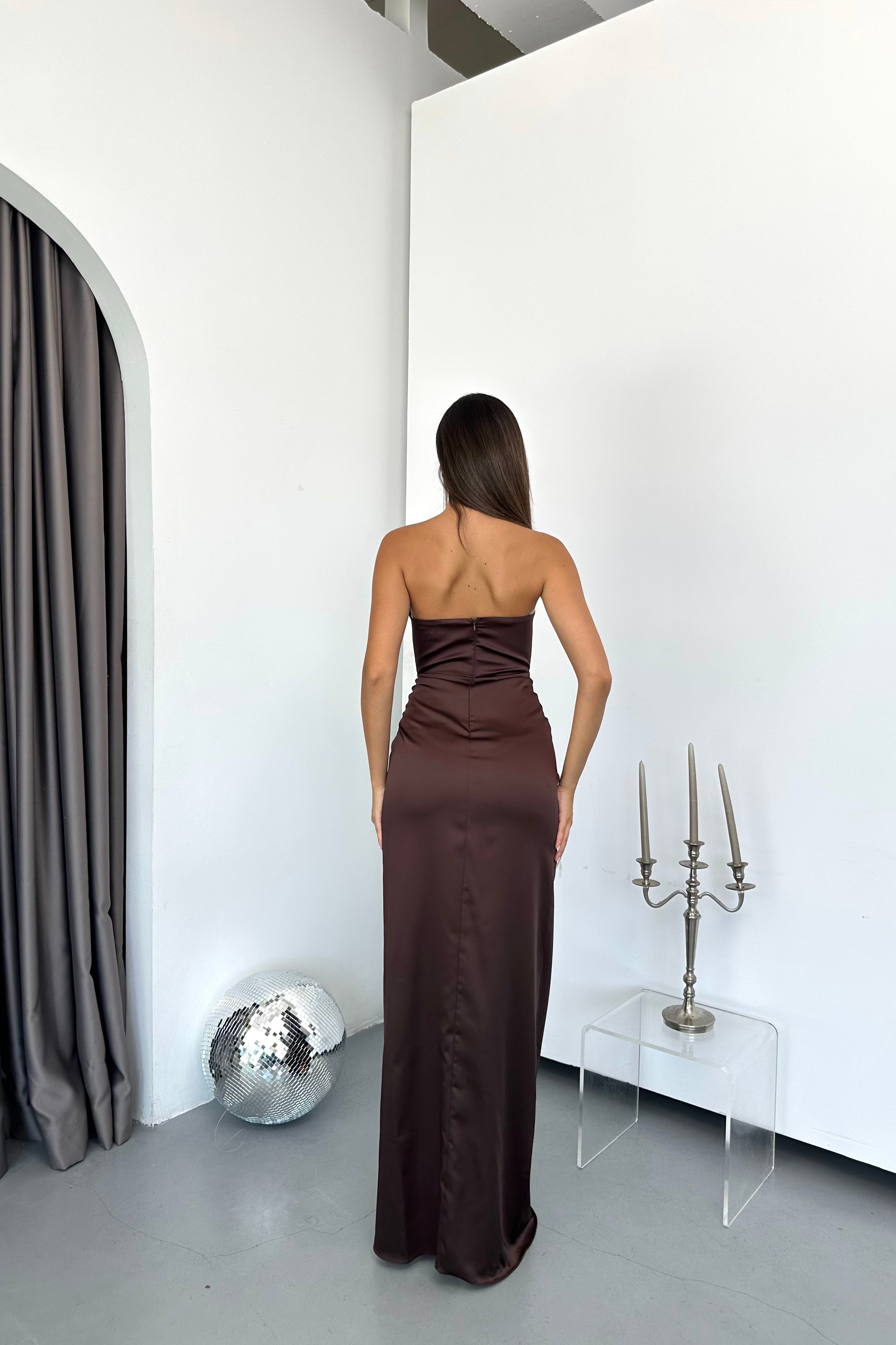 Bel Düğümlü Zara Saten Straplez Abiye Elbise - Kahverengi