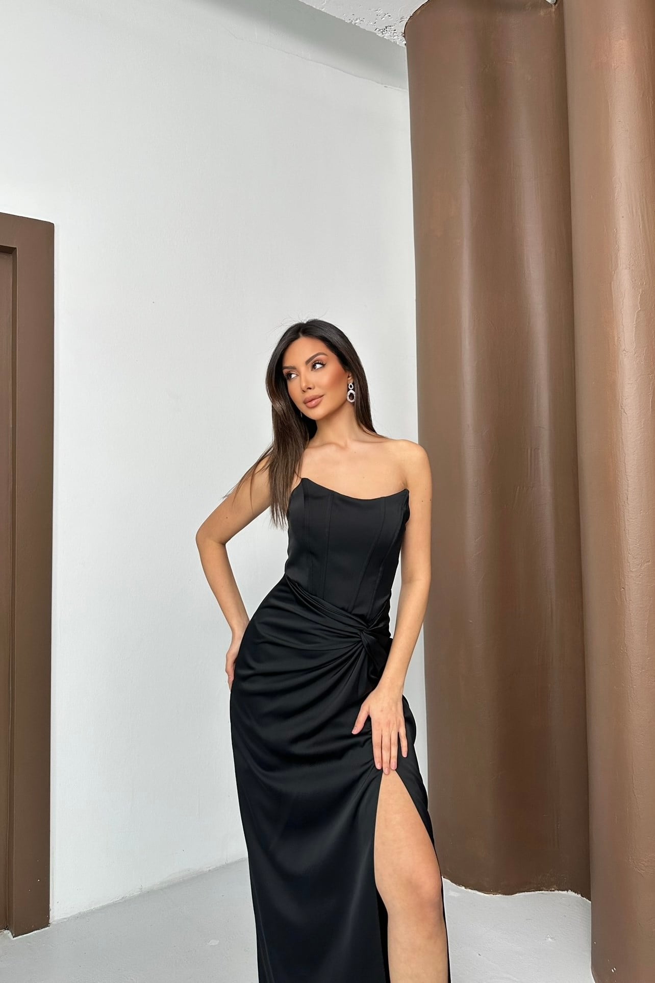 Bel Düğümlü Zara Saten Straplez Abiye Elbise - Siyah