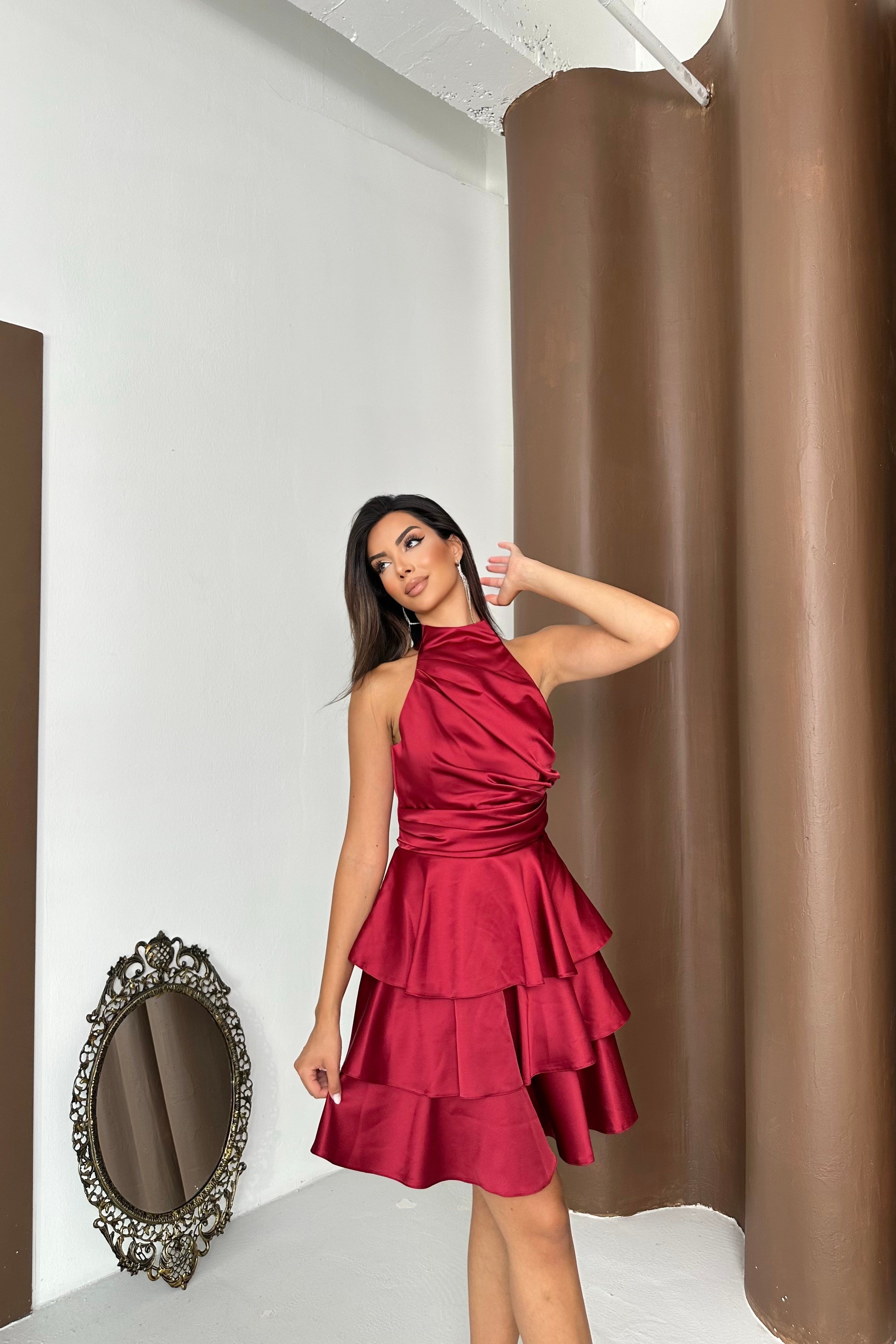 Halter Yaka Eteği Kat Kat After Kısa Elbise - Bordo
