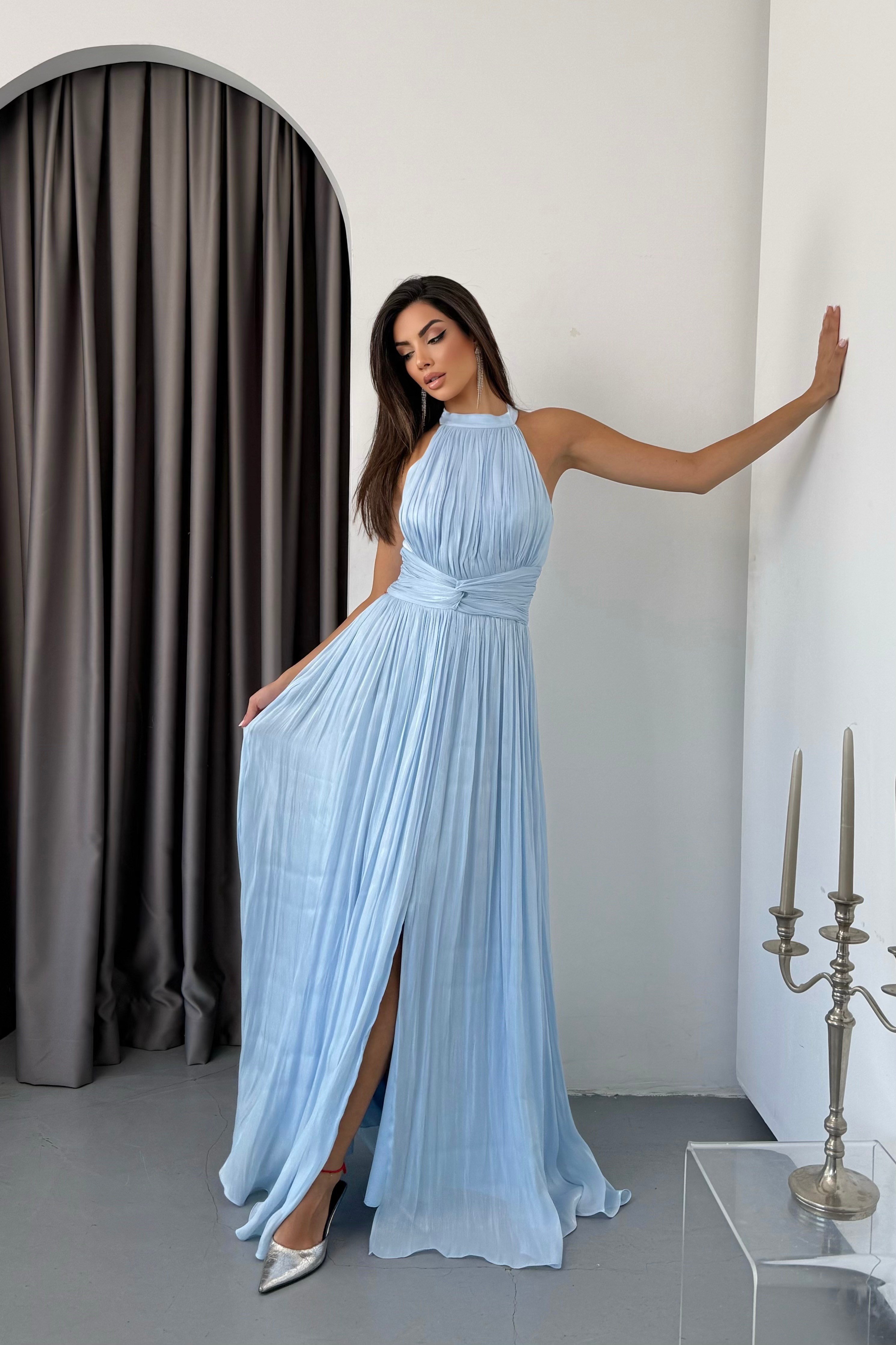 Halter Yaka Organze Janjan Beli Büzgülü Abiye Elbise -Bebe Mavi