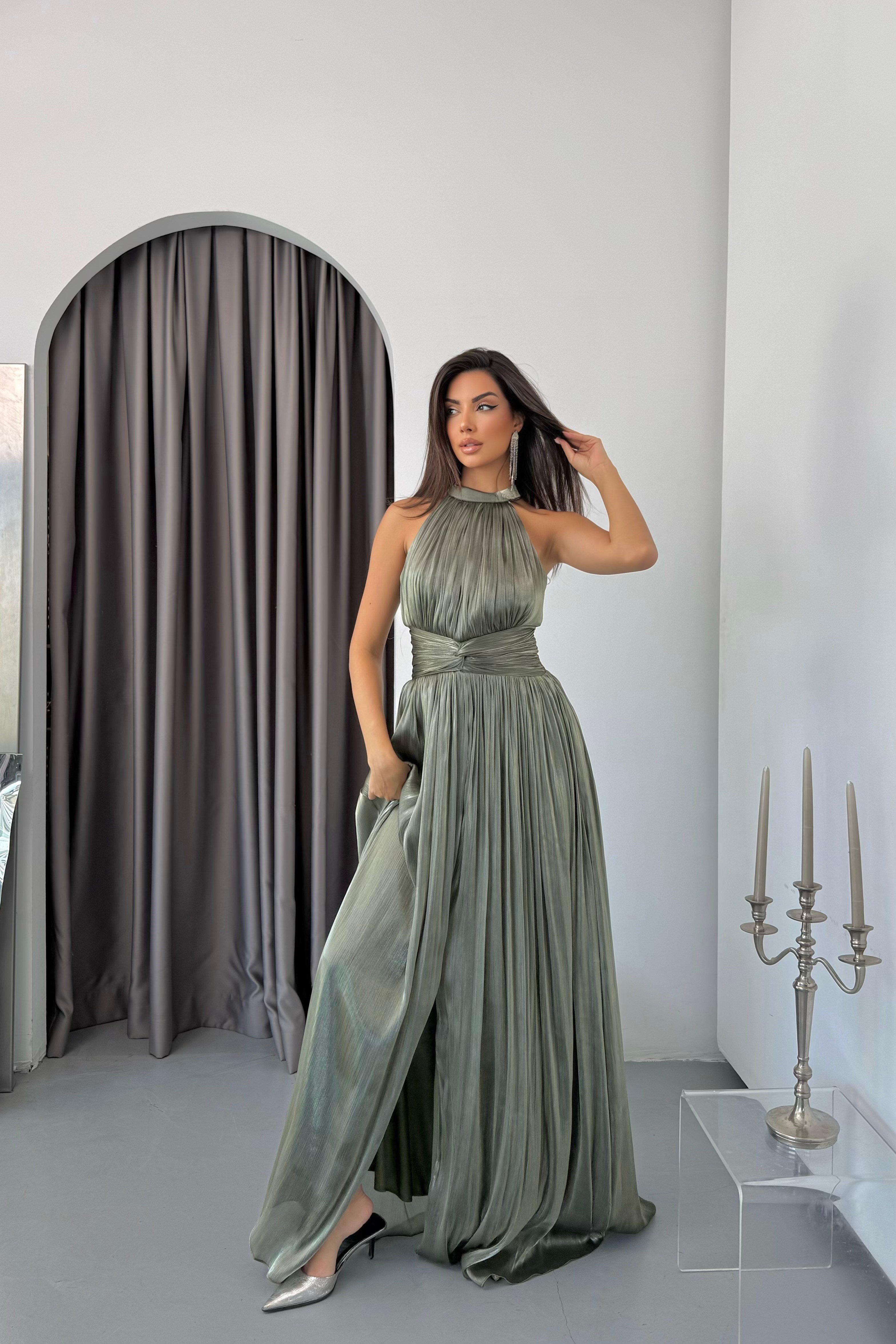 Halter Yaka Organze Janjan Beli Büzgülü Abiye Elbise - Haki