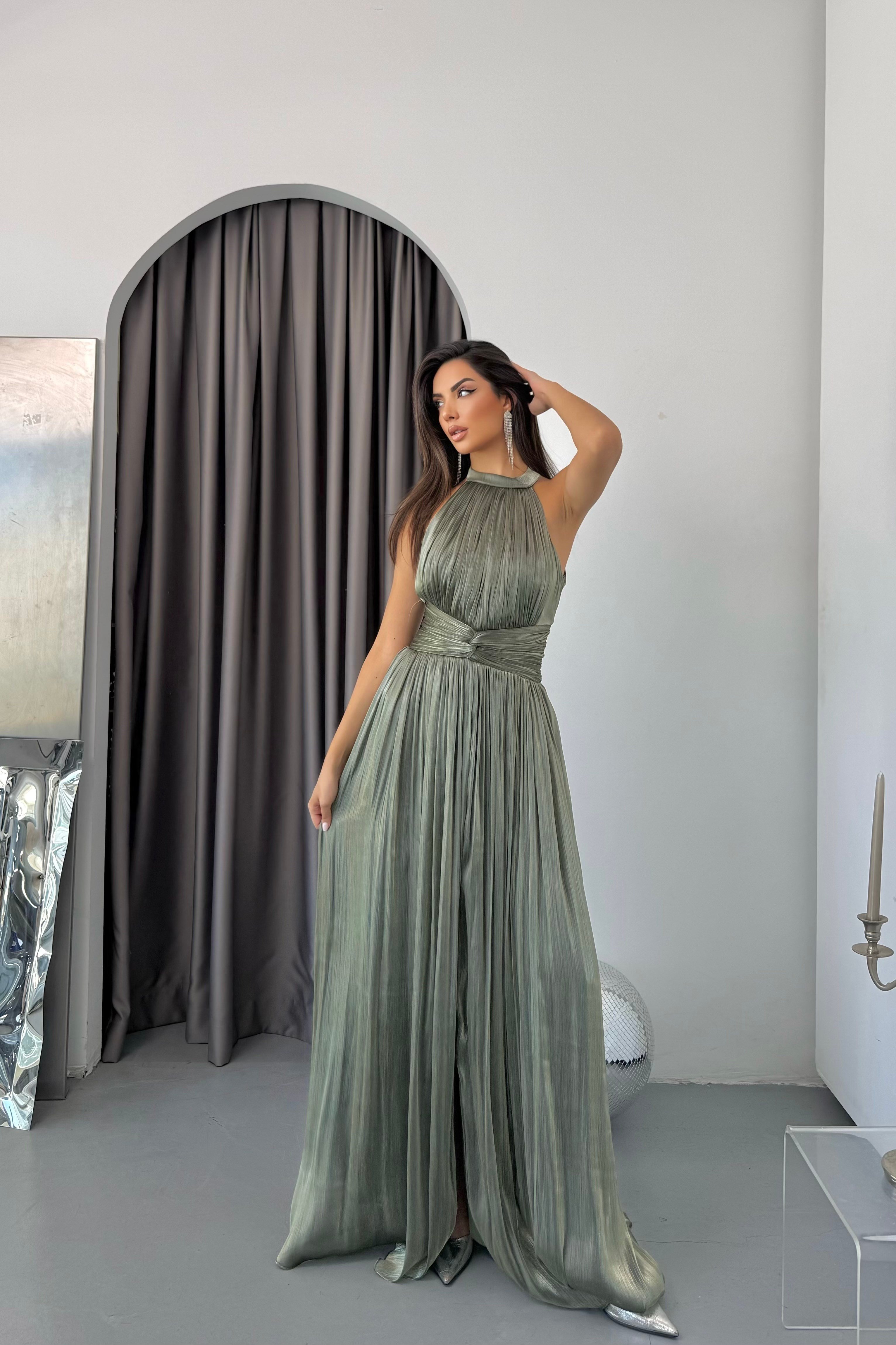 Halter Yaka Organze Janjan Beli Büzgülü Abiye Elbise - Haki