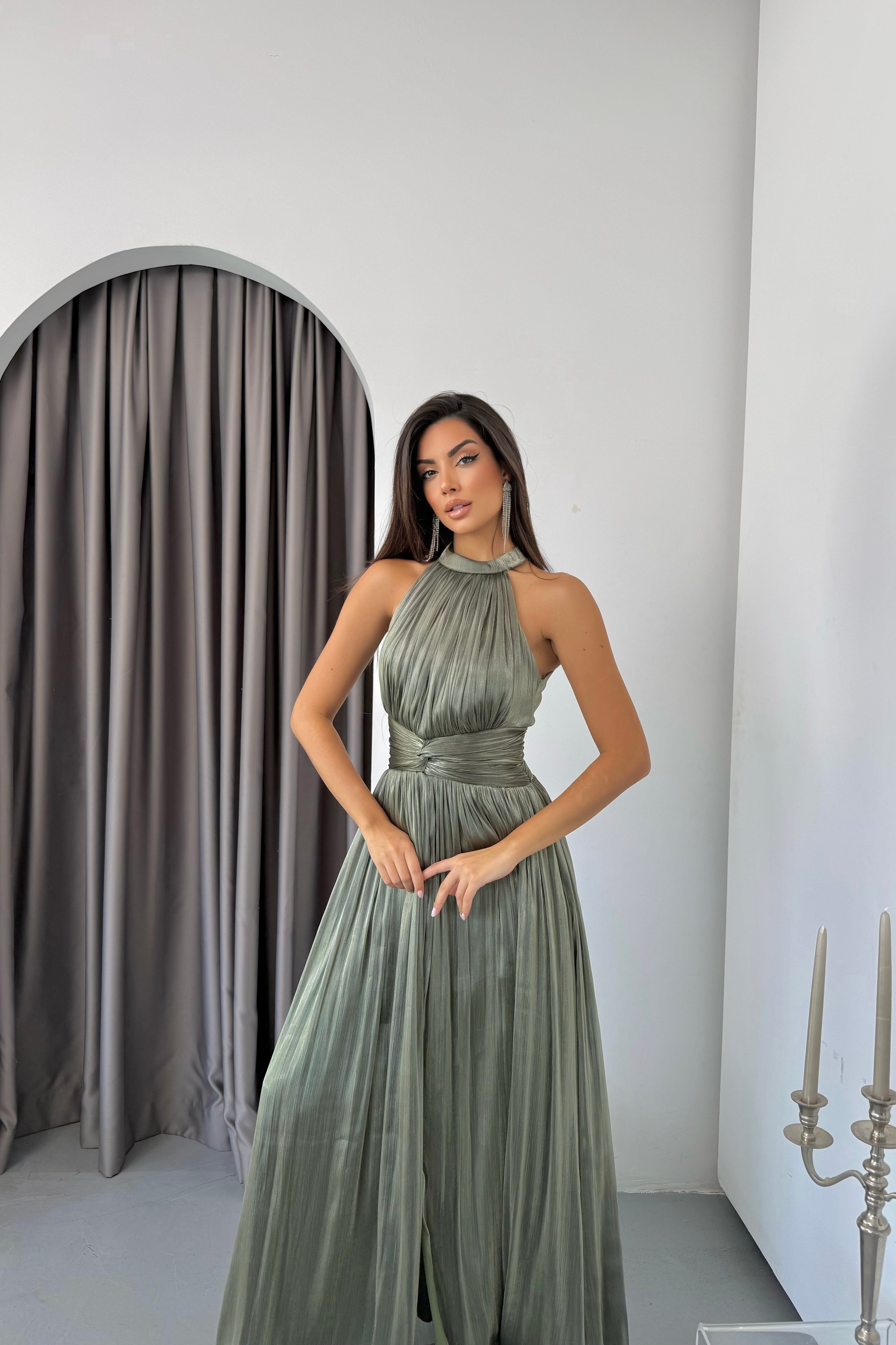 Halter Yaka Organze Janjan Beli Büzgülü Abiye Elbise - Haki