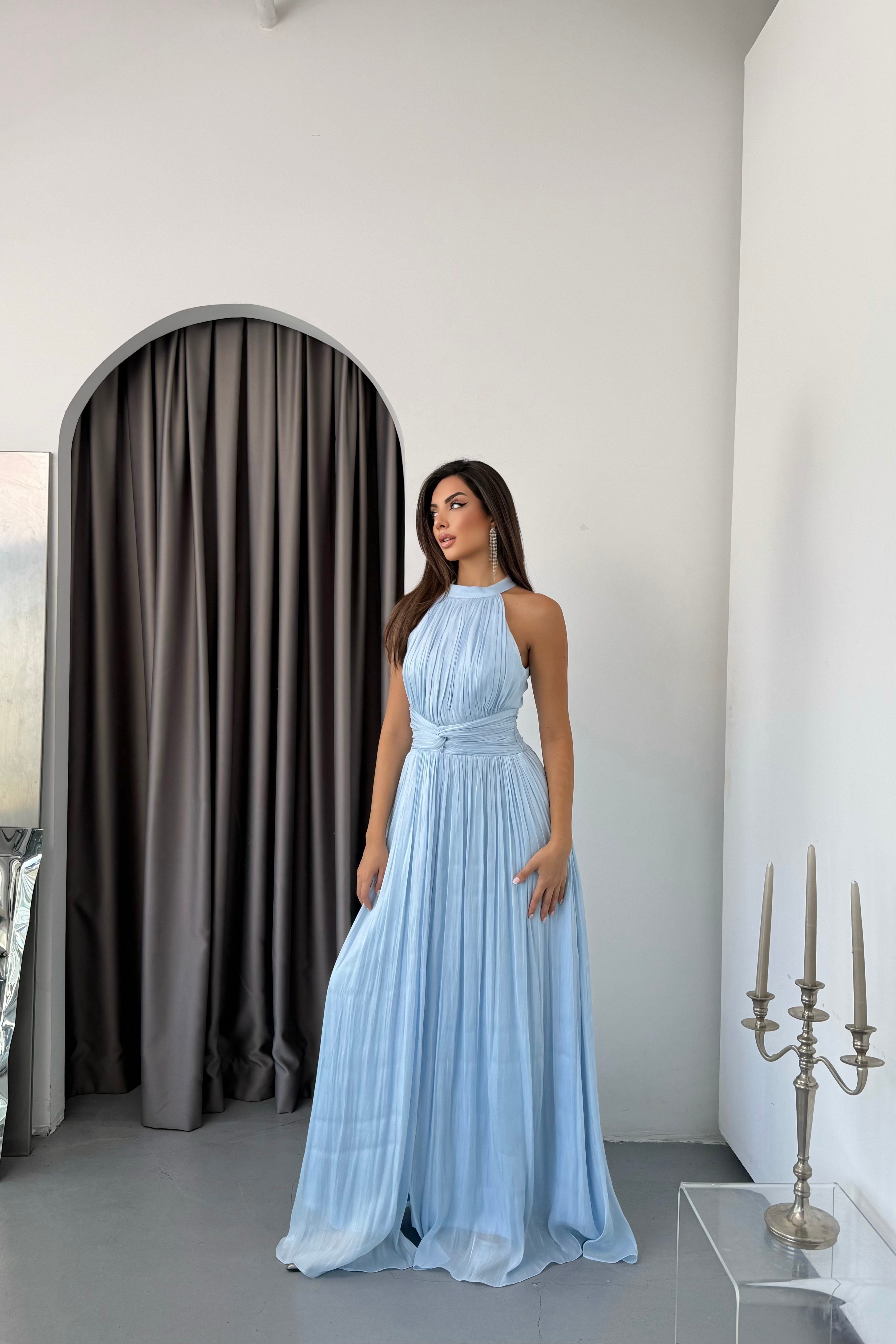 Halter Yaka Organze Janjan Beli Büzgülü Abiye Elbise -Bebe Mavi