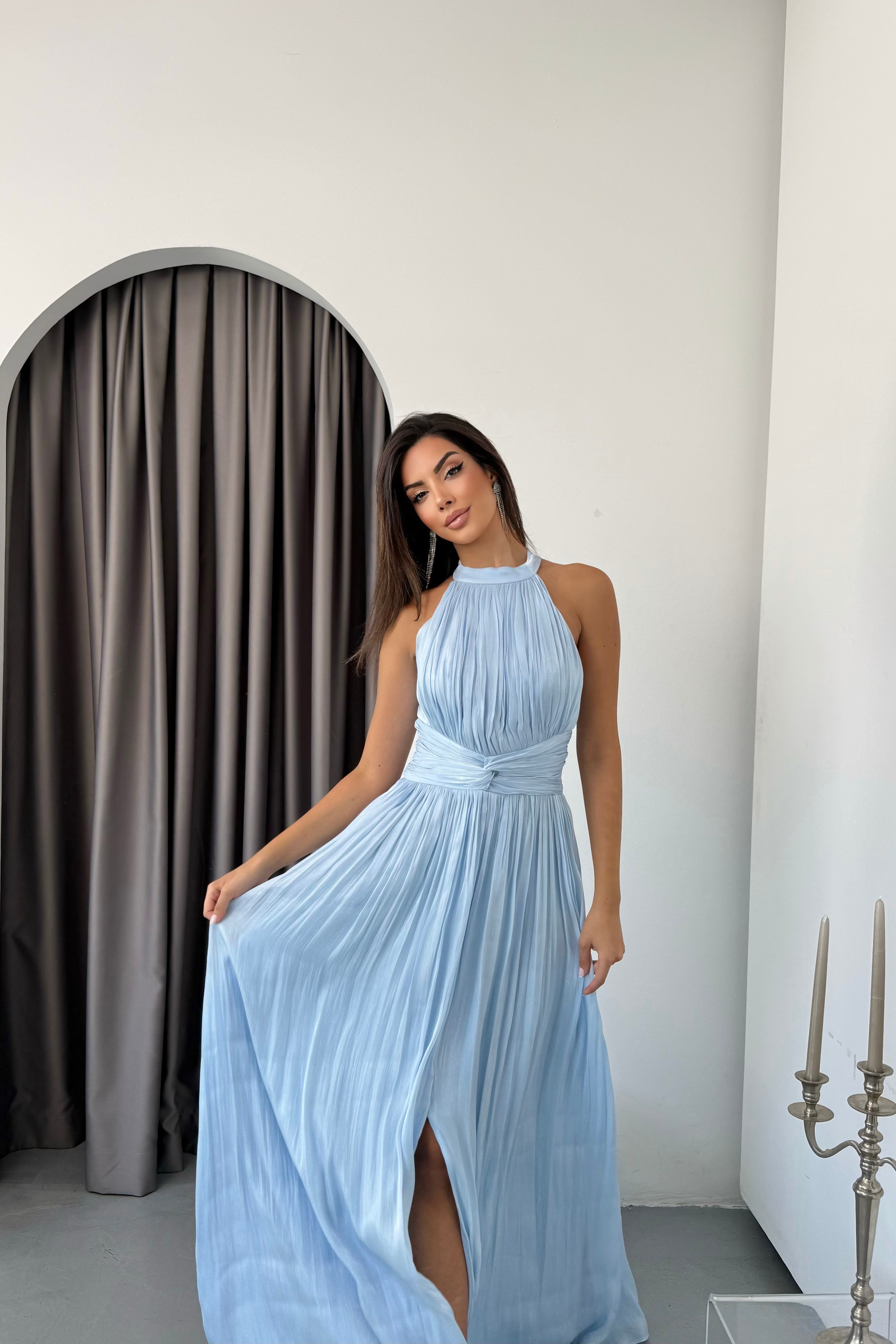Halter Yaka Organze Janjan Beli Büzgülü Abiye Elbise -Bebe Mavi