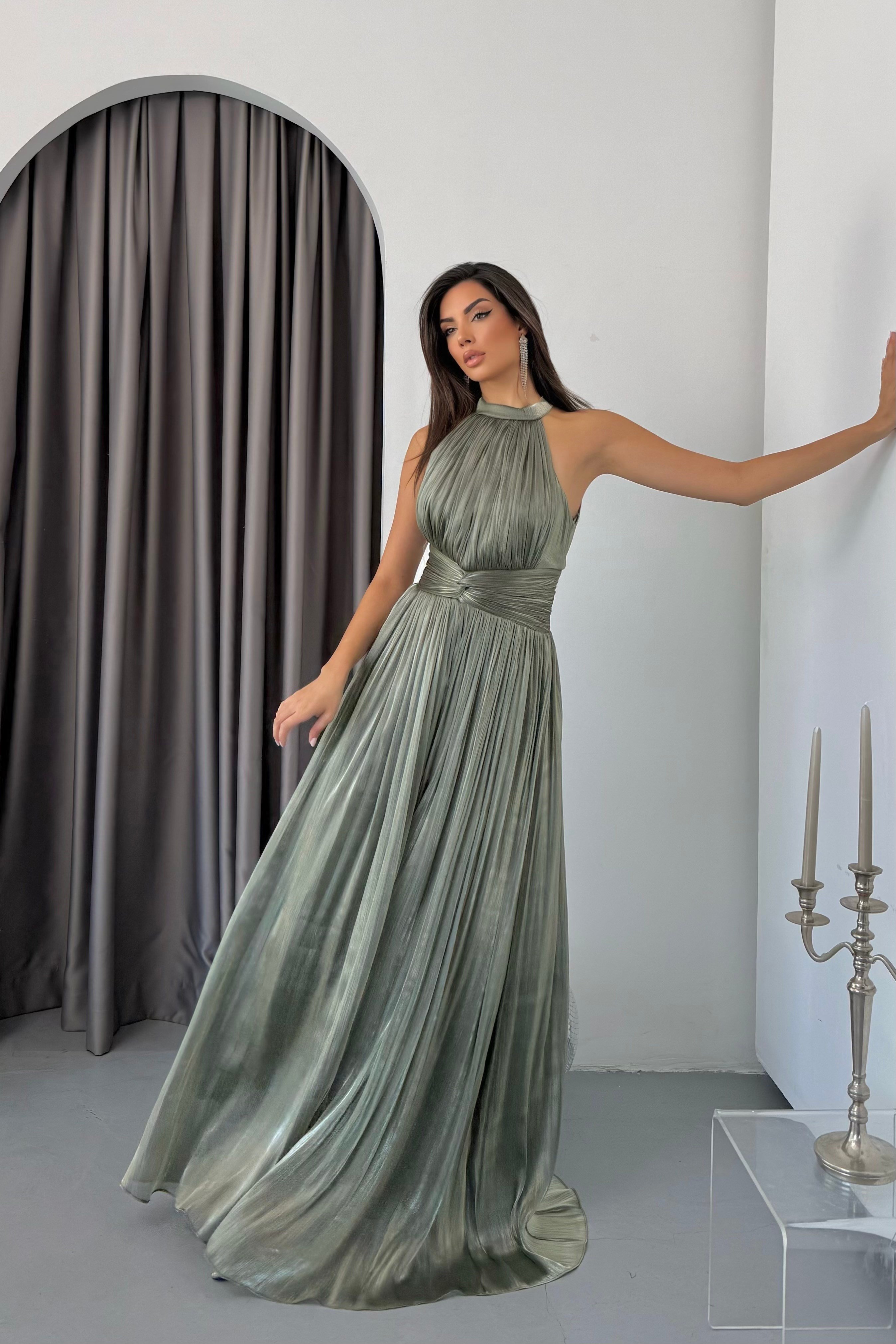Halter Yaka Organze Janjan Beli Büzgülü Abiye Elbise - Haki