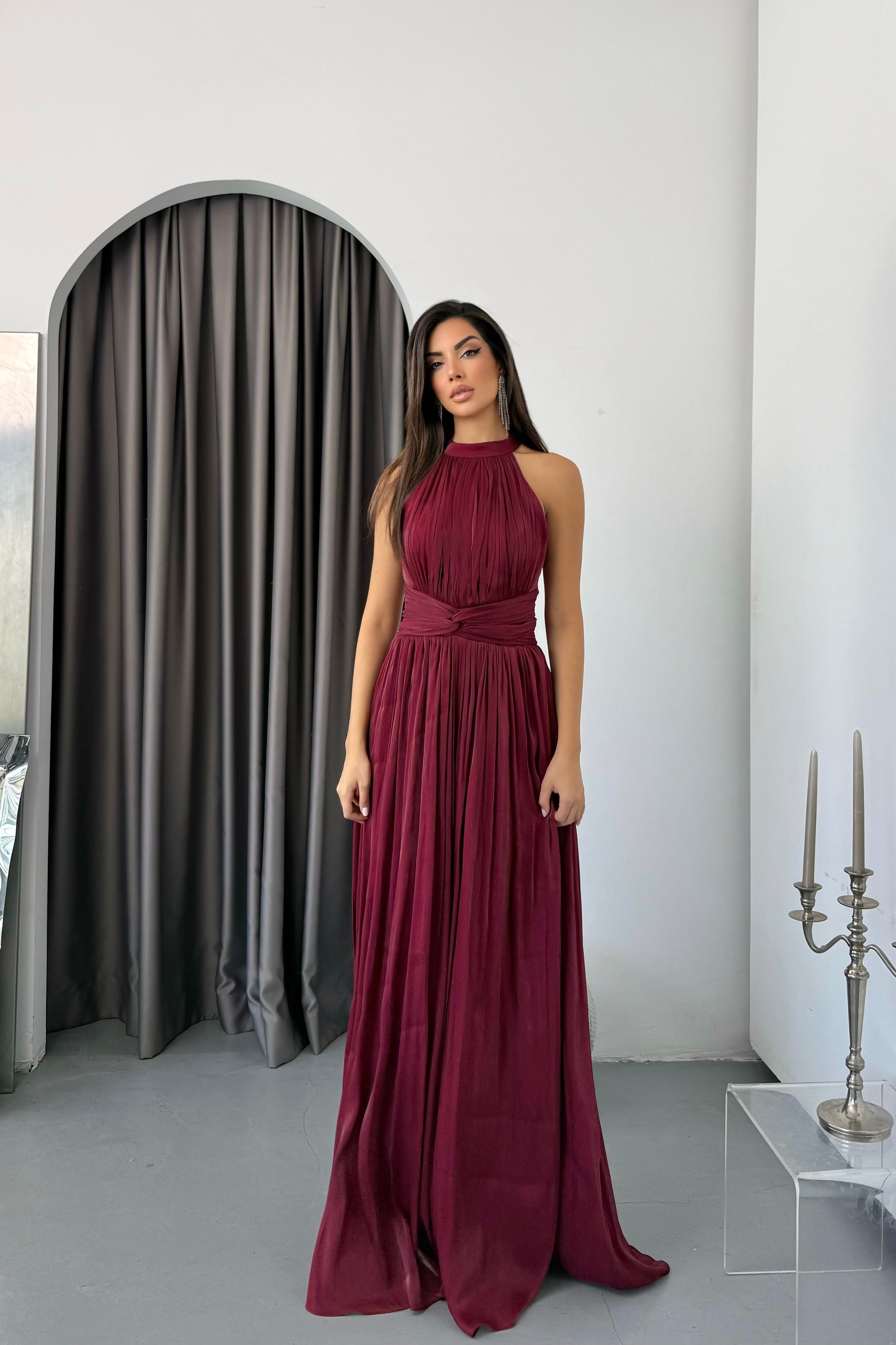 Halter Yaka Organze Janjan Beli Büzgülü Abiye Elbise -Bordo