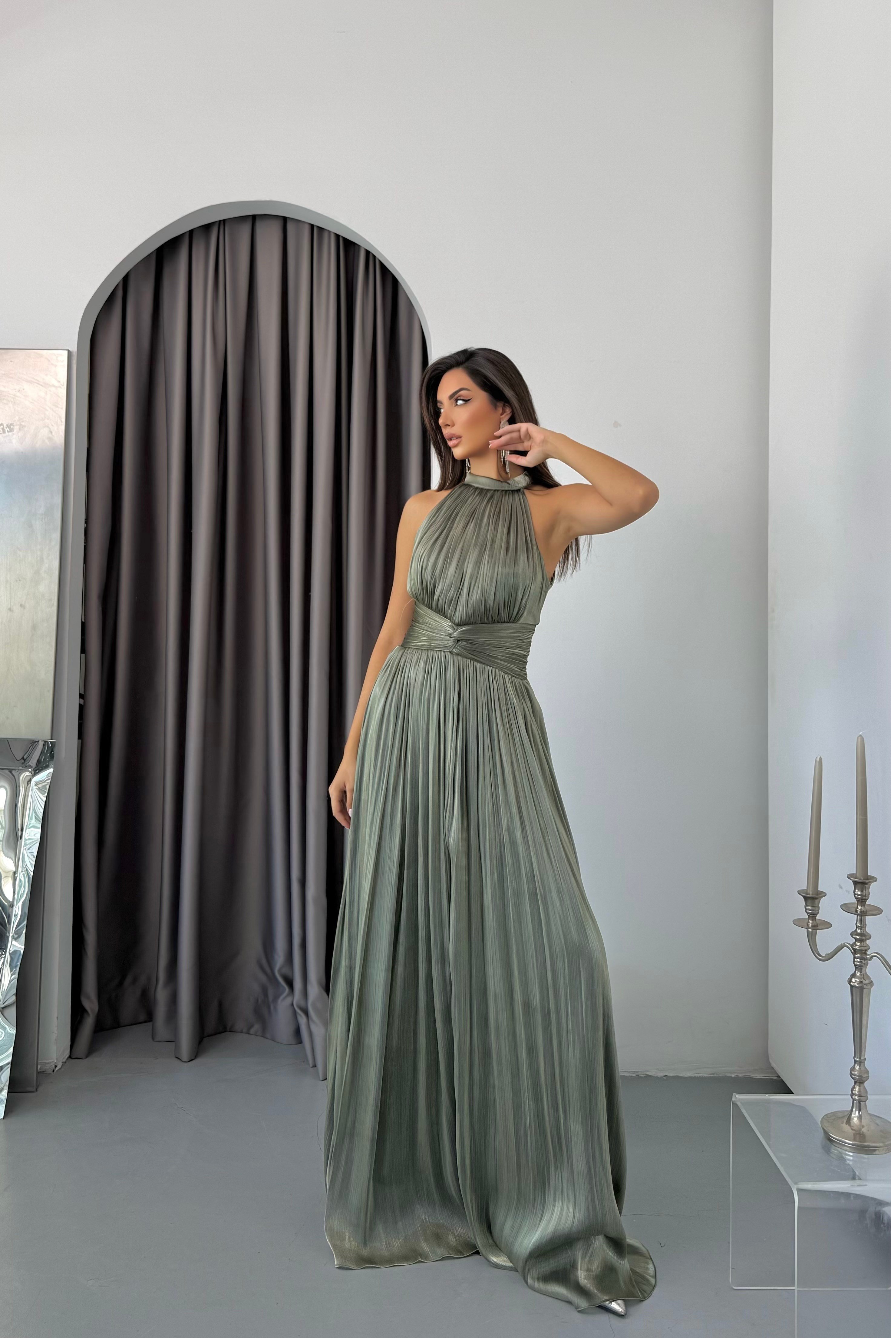 Halter Yaka Organze Janjan Beli Büzgülü Abiye Elbise - Haki