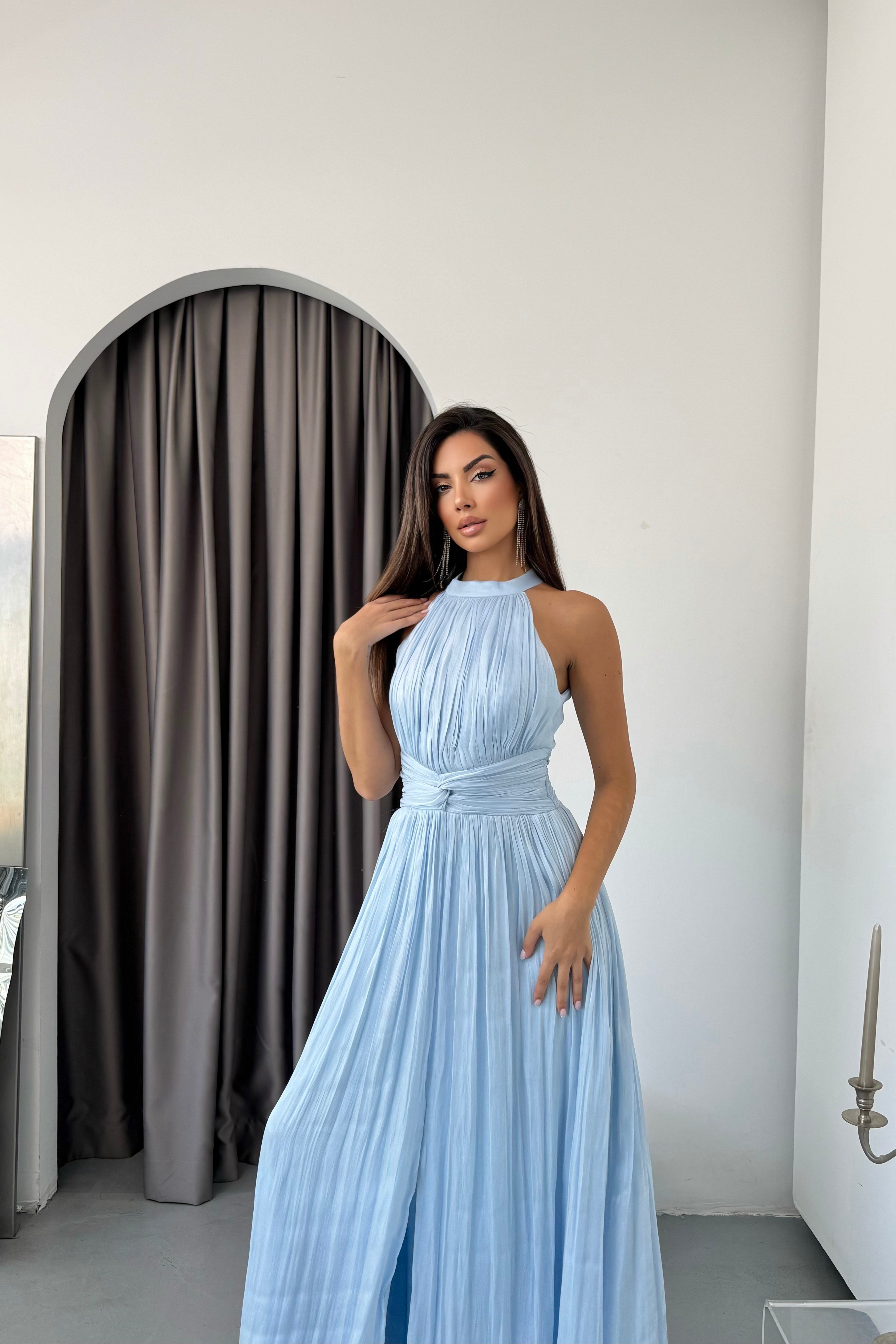 Halter Yaka Organze Janjan Beli Büzgülü Abiye Elbise -Bebe Mavi