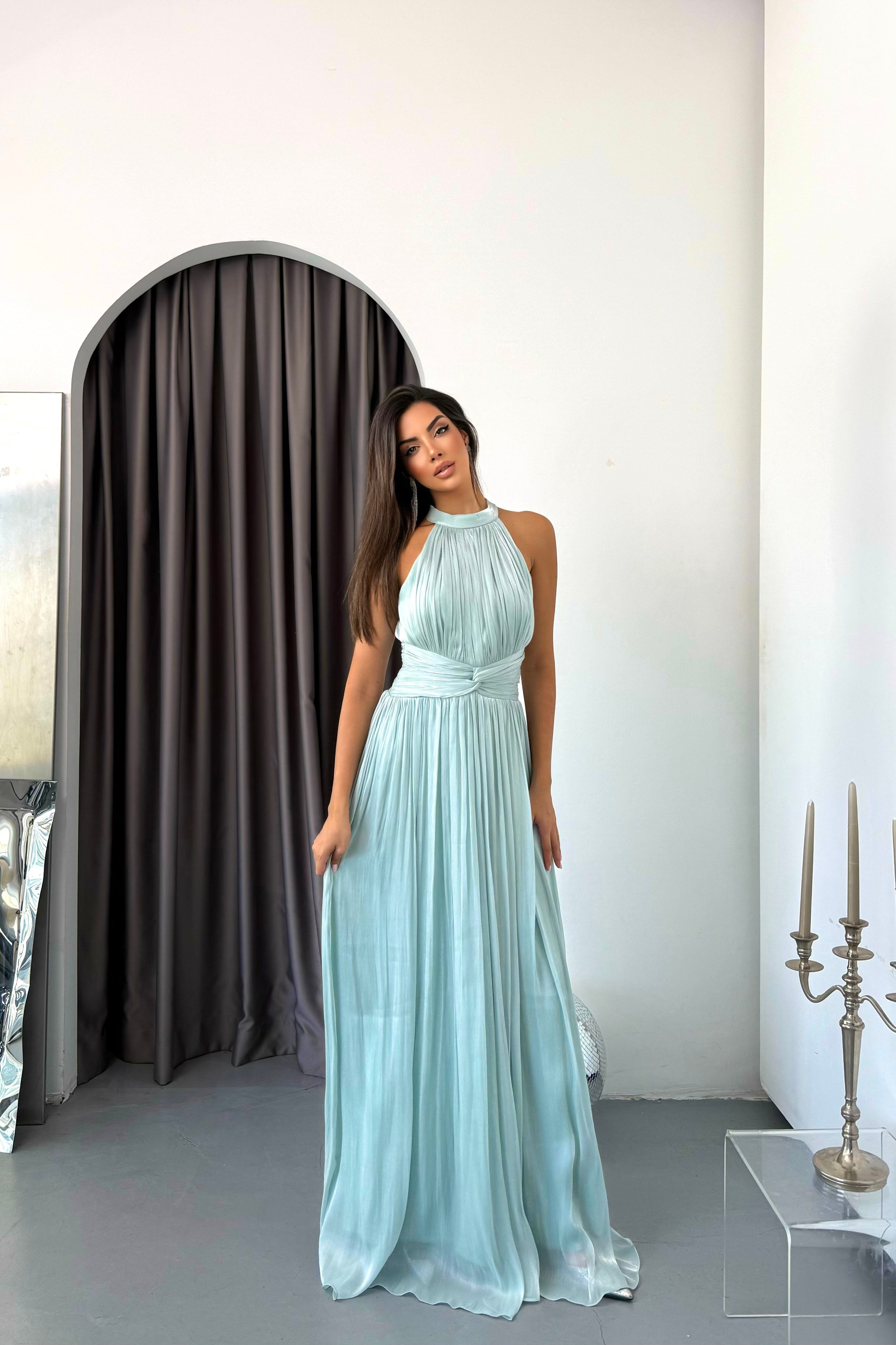 Halter Yaka Organze Janjan Beli Büzgülü Abiye Elbise -Mint