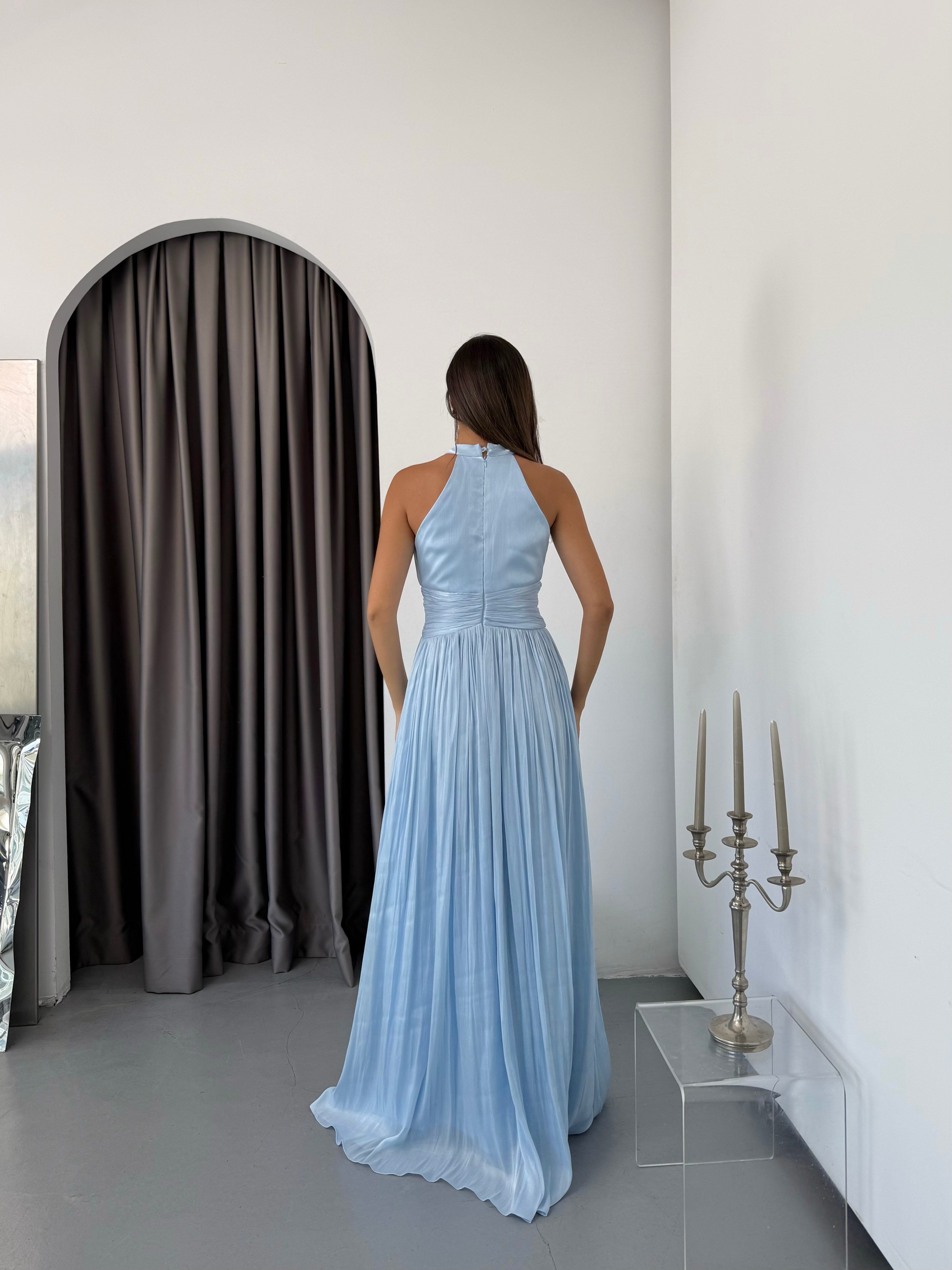 Halter Yaka Organze Janjan Beli Büzgülü Abiye Elbise -Bebe Mavi