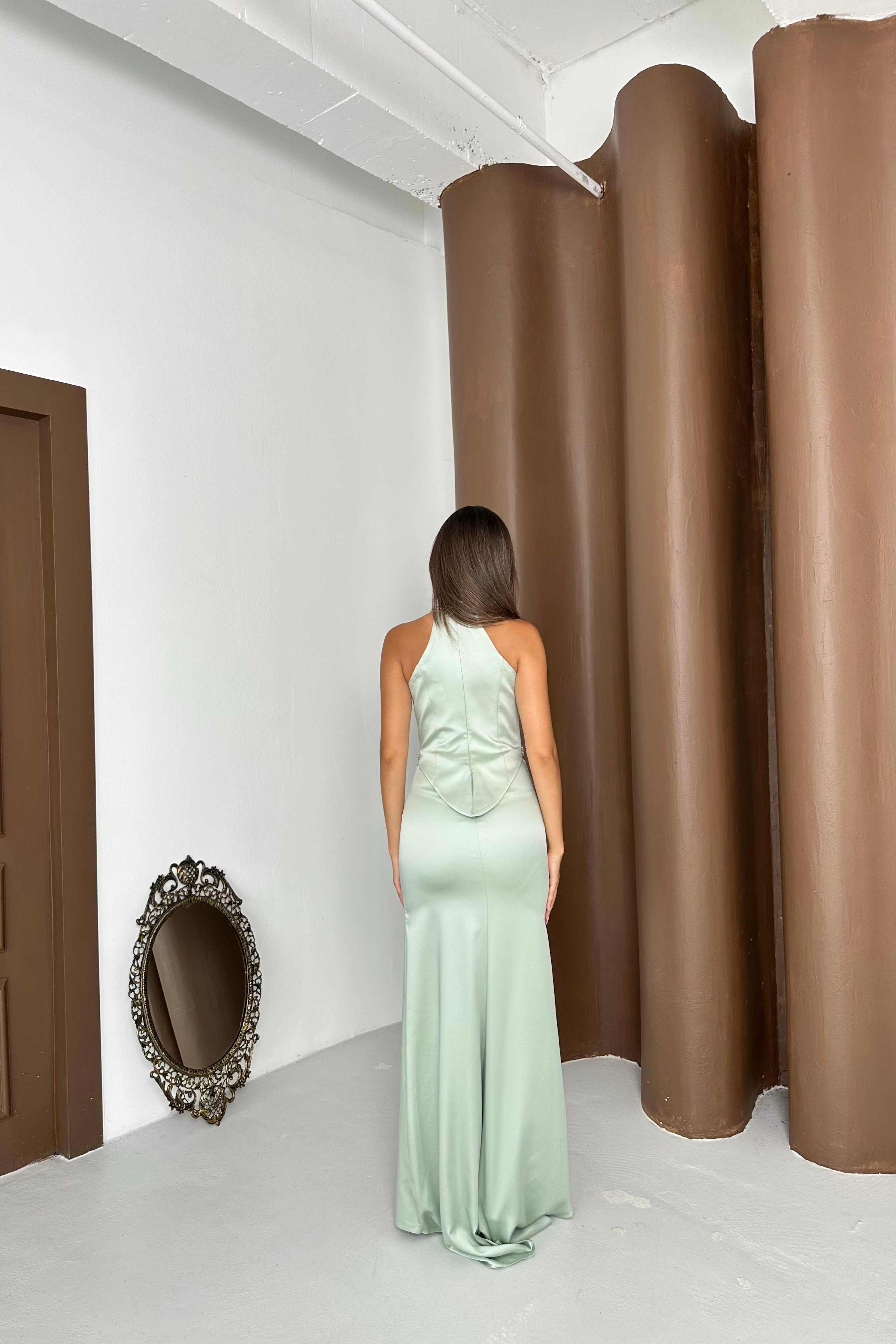 Halter Yaka Taş Detaylı Saten Şık Tasarım Abiye Elbise - Mint