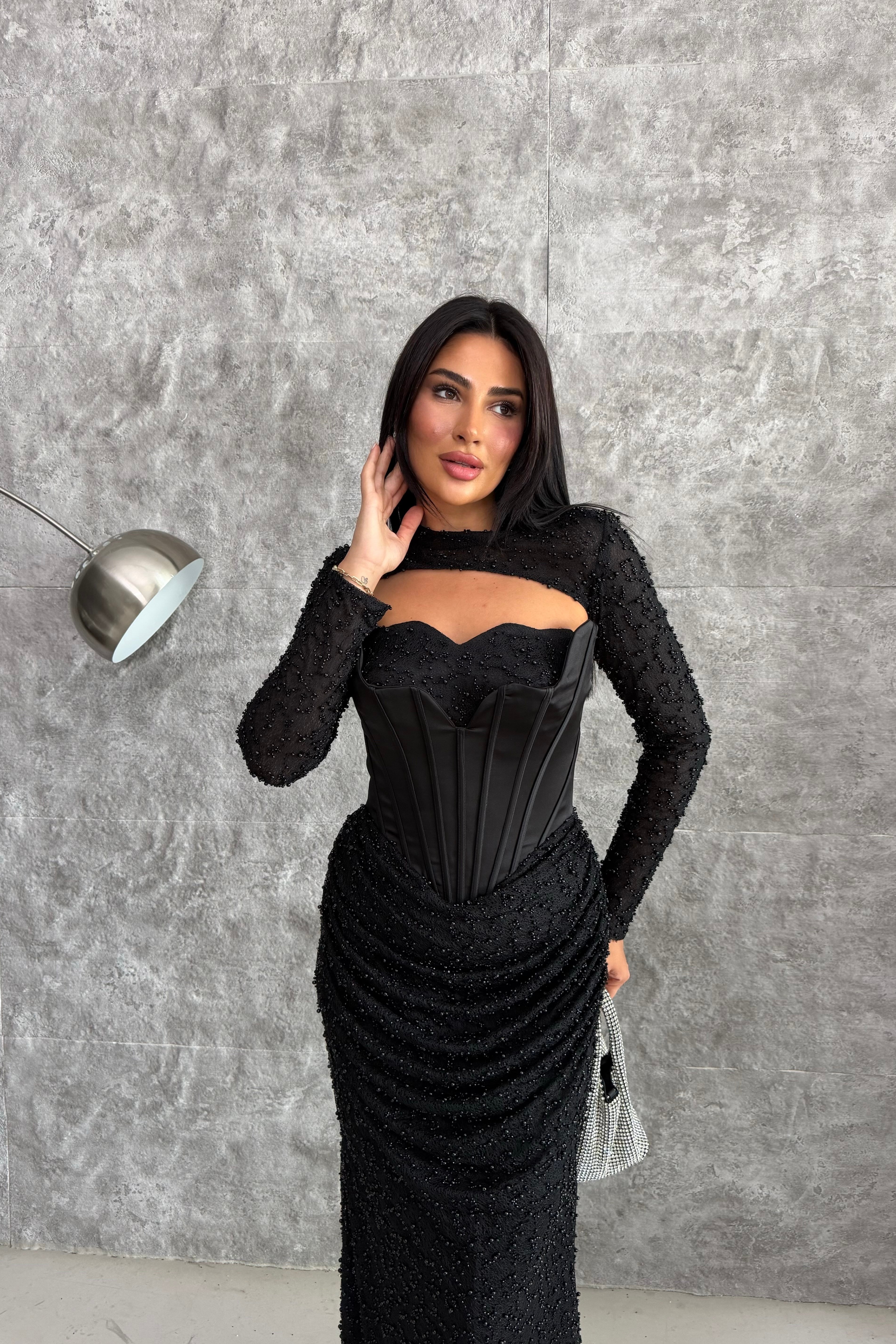 İncili Petek Kumaş Bolerolu Ve Balenli Drapeli Şık Tasarım Abiye Elbise - Siyah