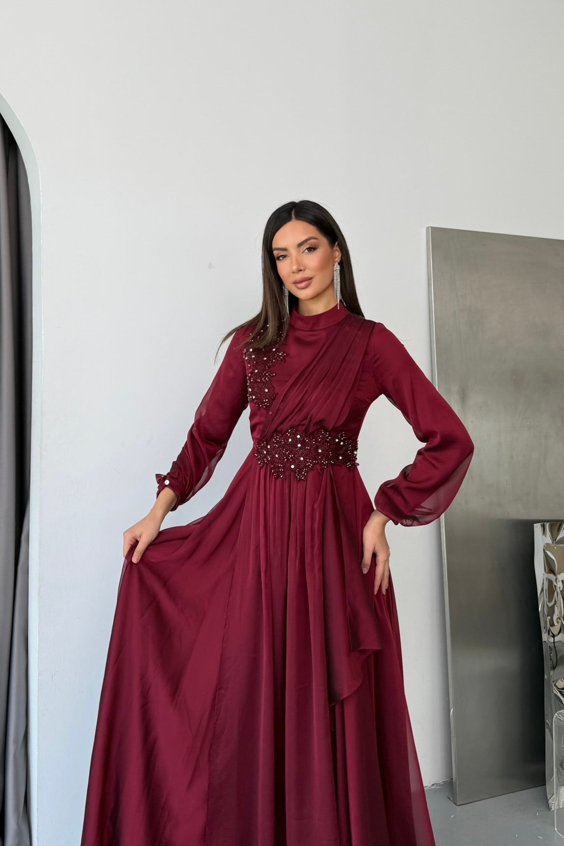 Mihrimah Janjan Lüx Tesettür Abiye - Bordo