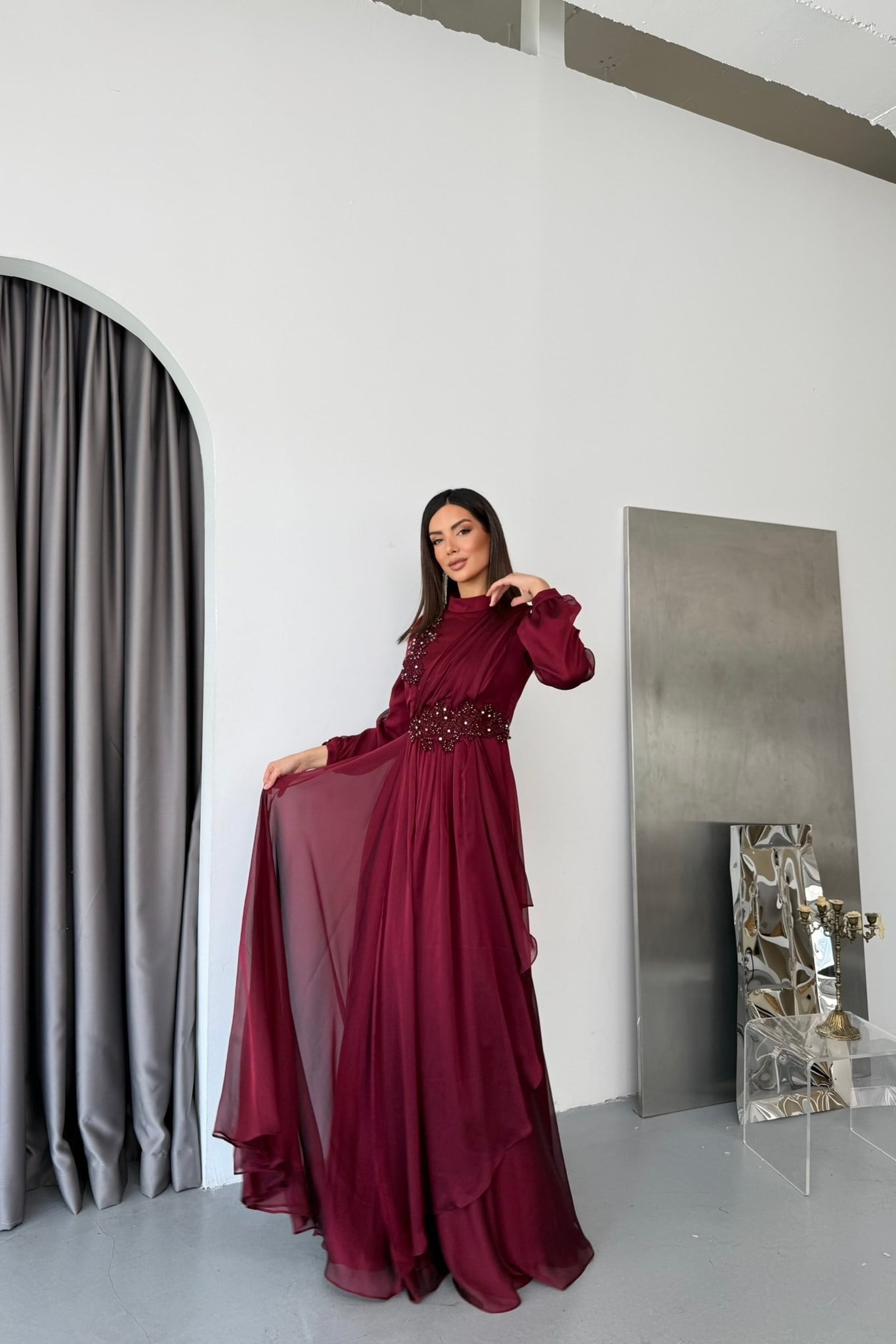 Mihrimah Janjan Lüx Tesettür Abiye - Bordo