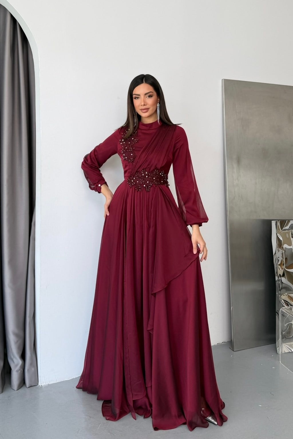 Mihrimah Janjan Lüx Tesettür Abiye - Bordo