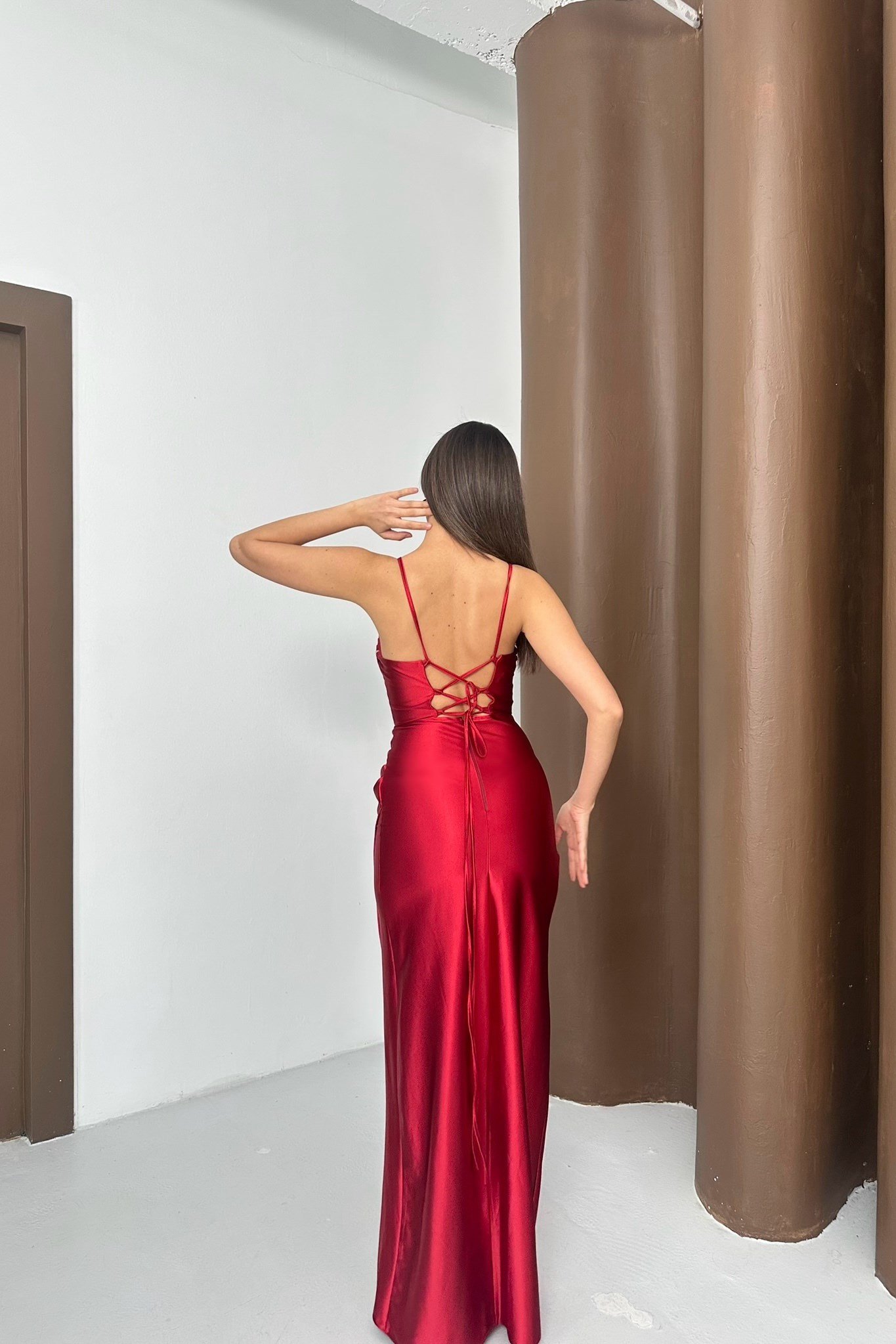 Örme Saten Sırt Bağcık Ve Askılı Abiye Elbise - Açık Bordo