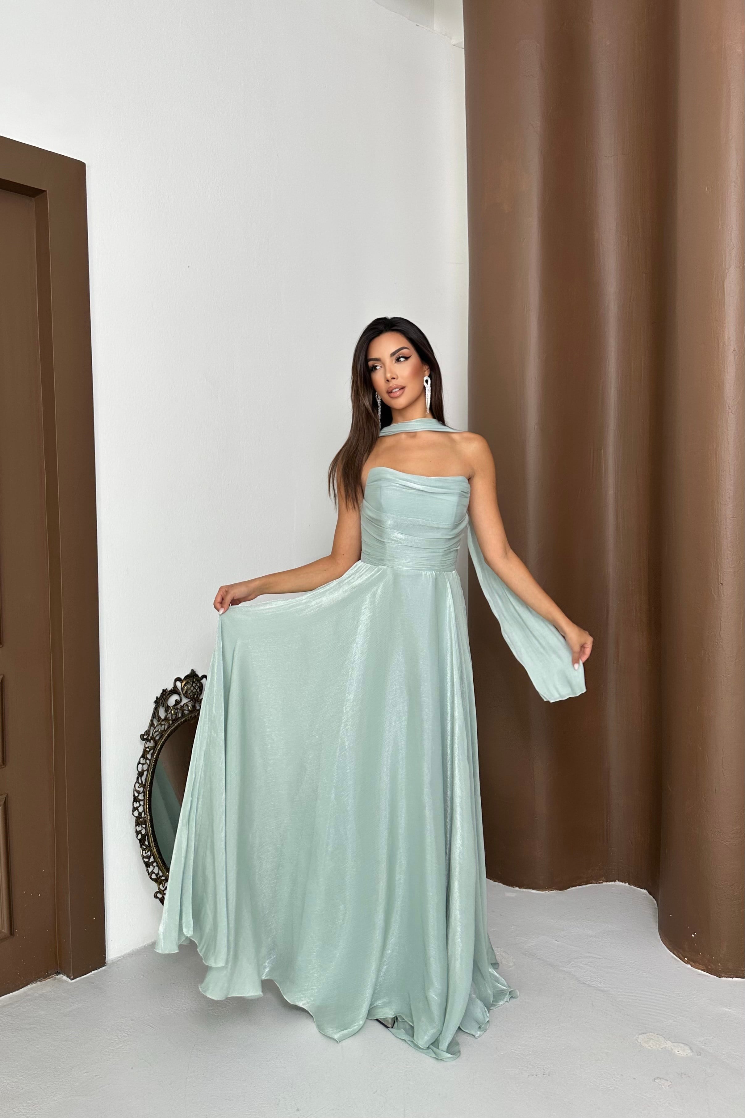 Şallı Straplez Düz Organze Kumaş Abiye Elbise - Mint