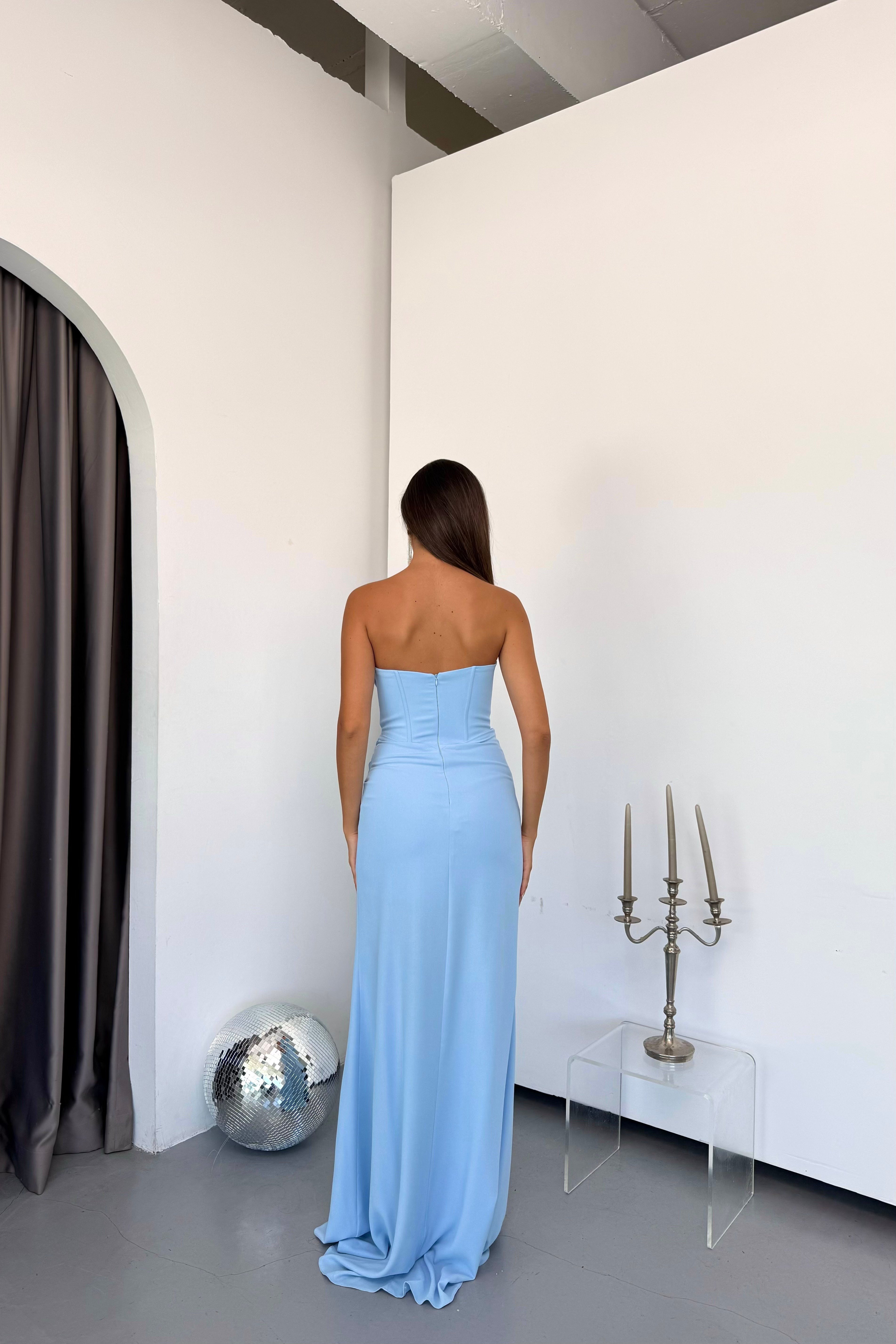 Straplez Bel Taşlı Krep Şık Tasarım Abiye Elbise - Bebe Mavi