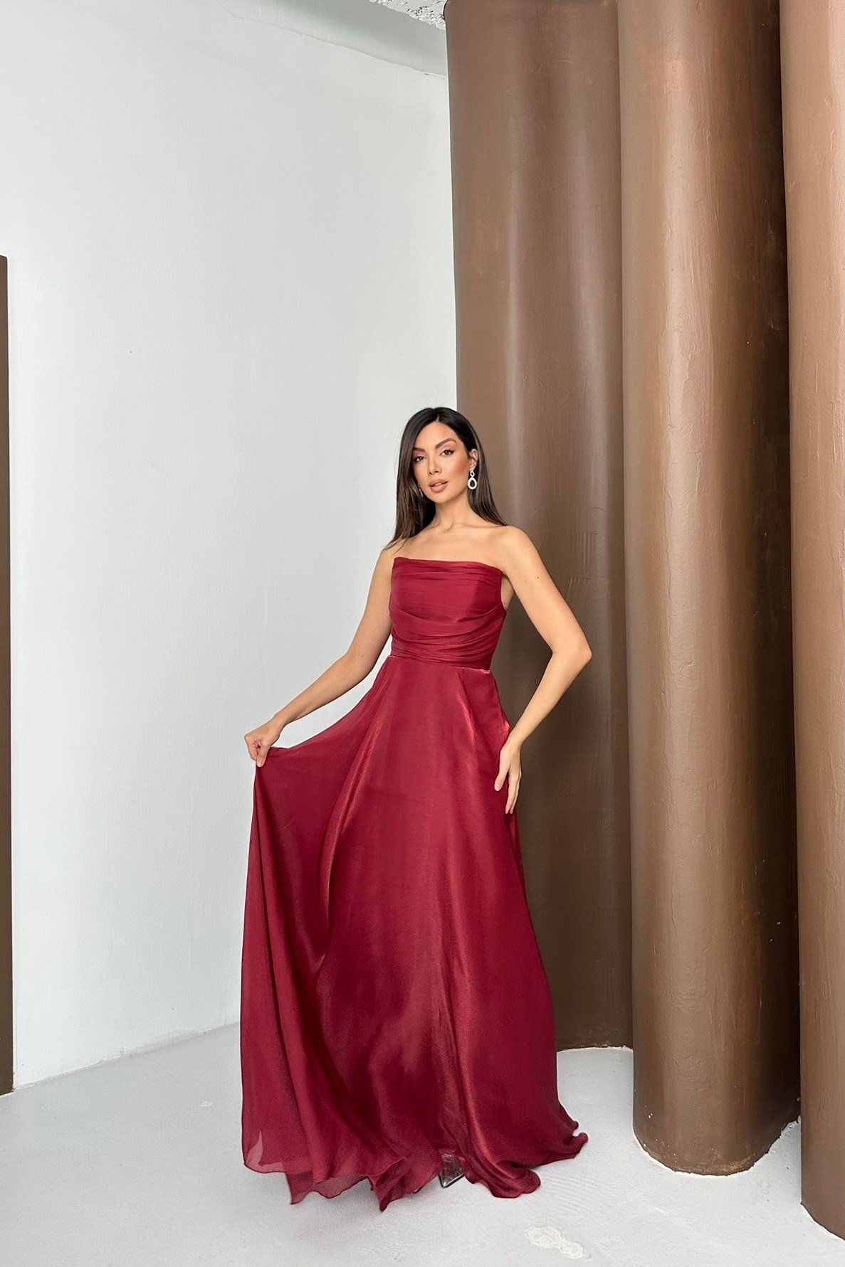 Straplez Düz Organze Kumaş Abiye Elbise - Bordo