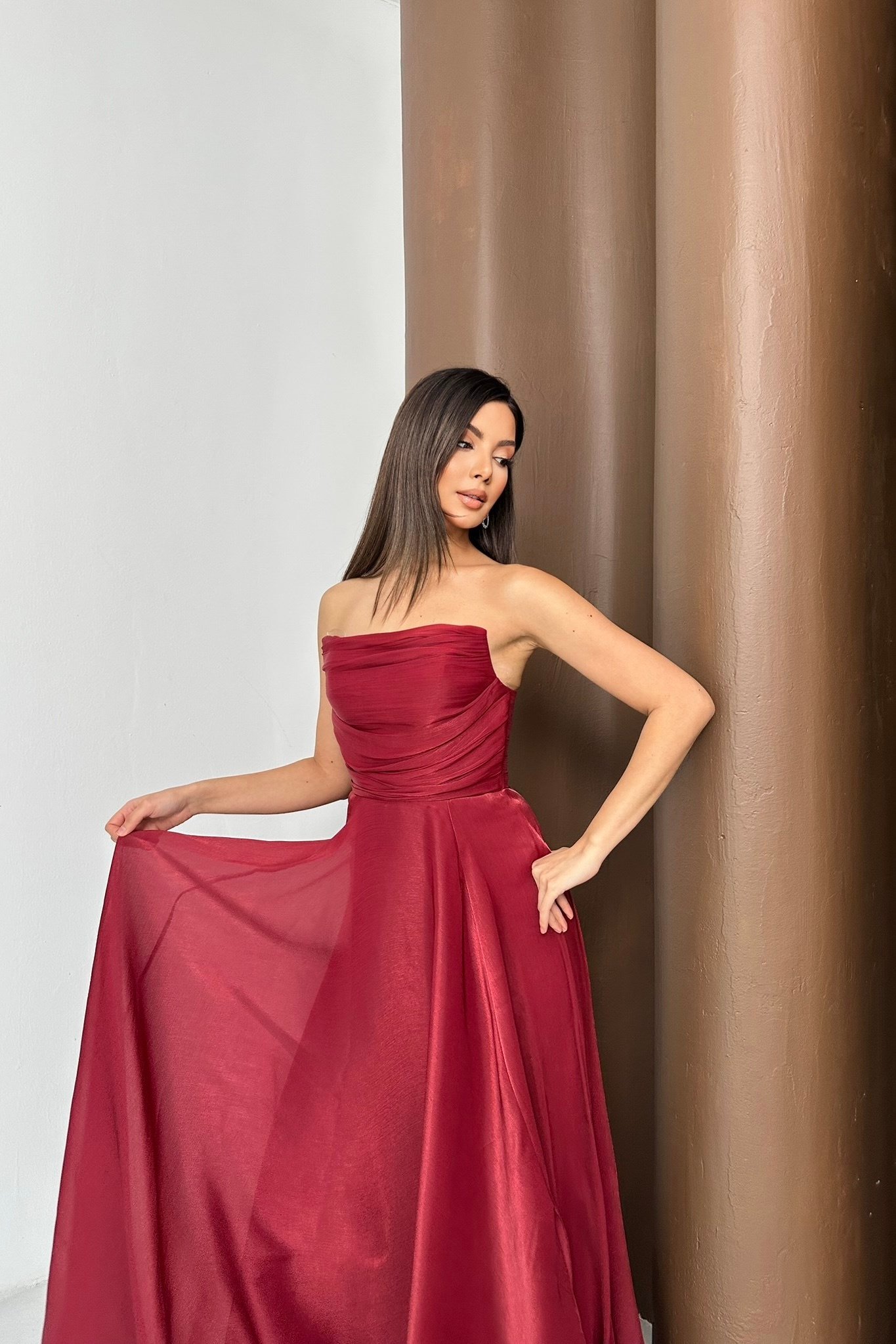Straplez Düz Organze Kumaş Abiye Elbise - Bordo