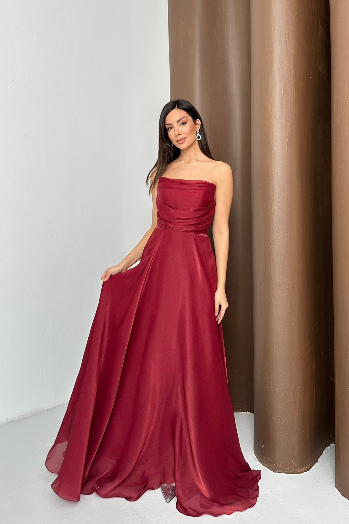 Straplez Düz Organze Kumaş Abiye Elbise - Bordo