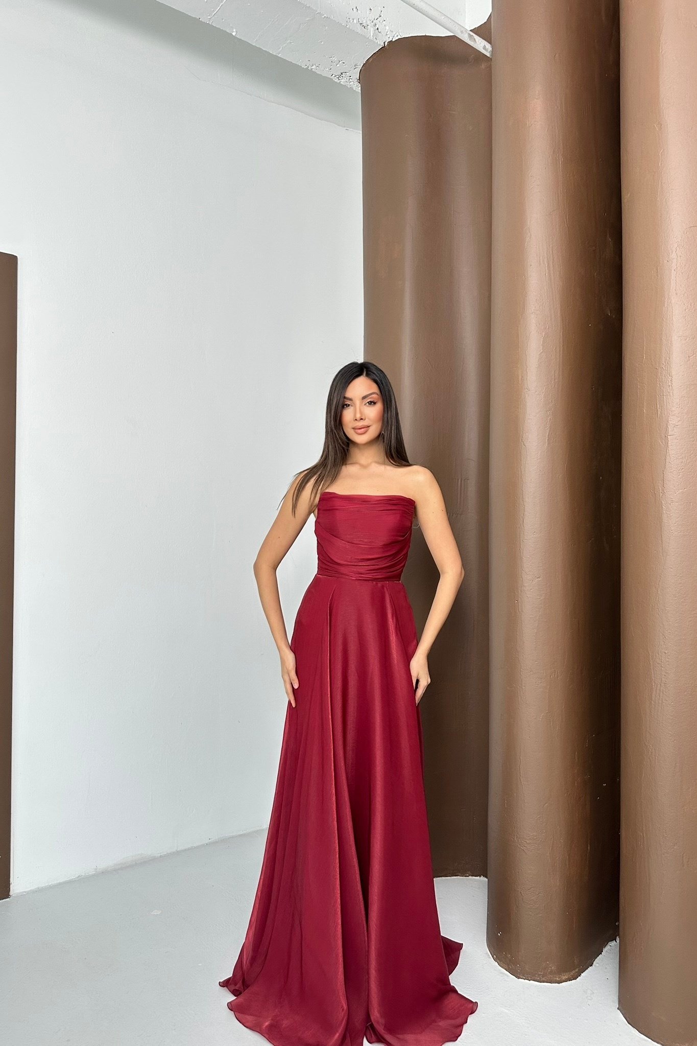 Straplez Düz Organze Kumaş Abiye Elbise - Bordo